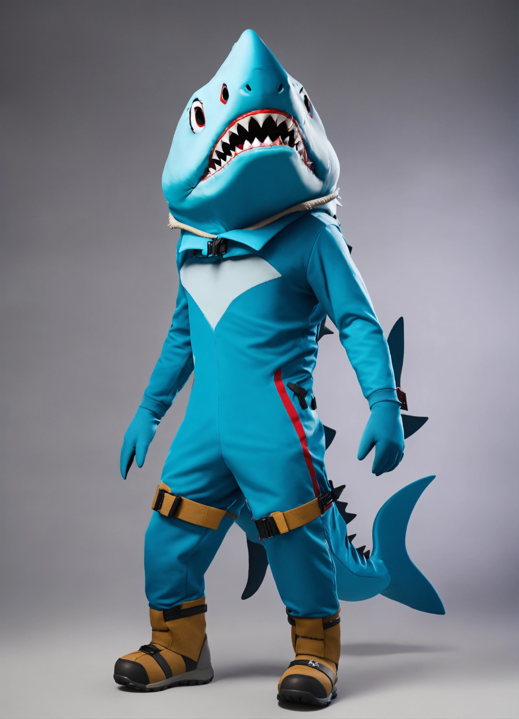 Lexica - A photograph of a costume of a shark for a male character with  Fortnite style, male costume, white background, turnaround, full body