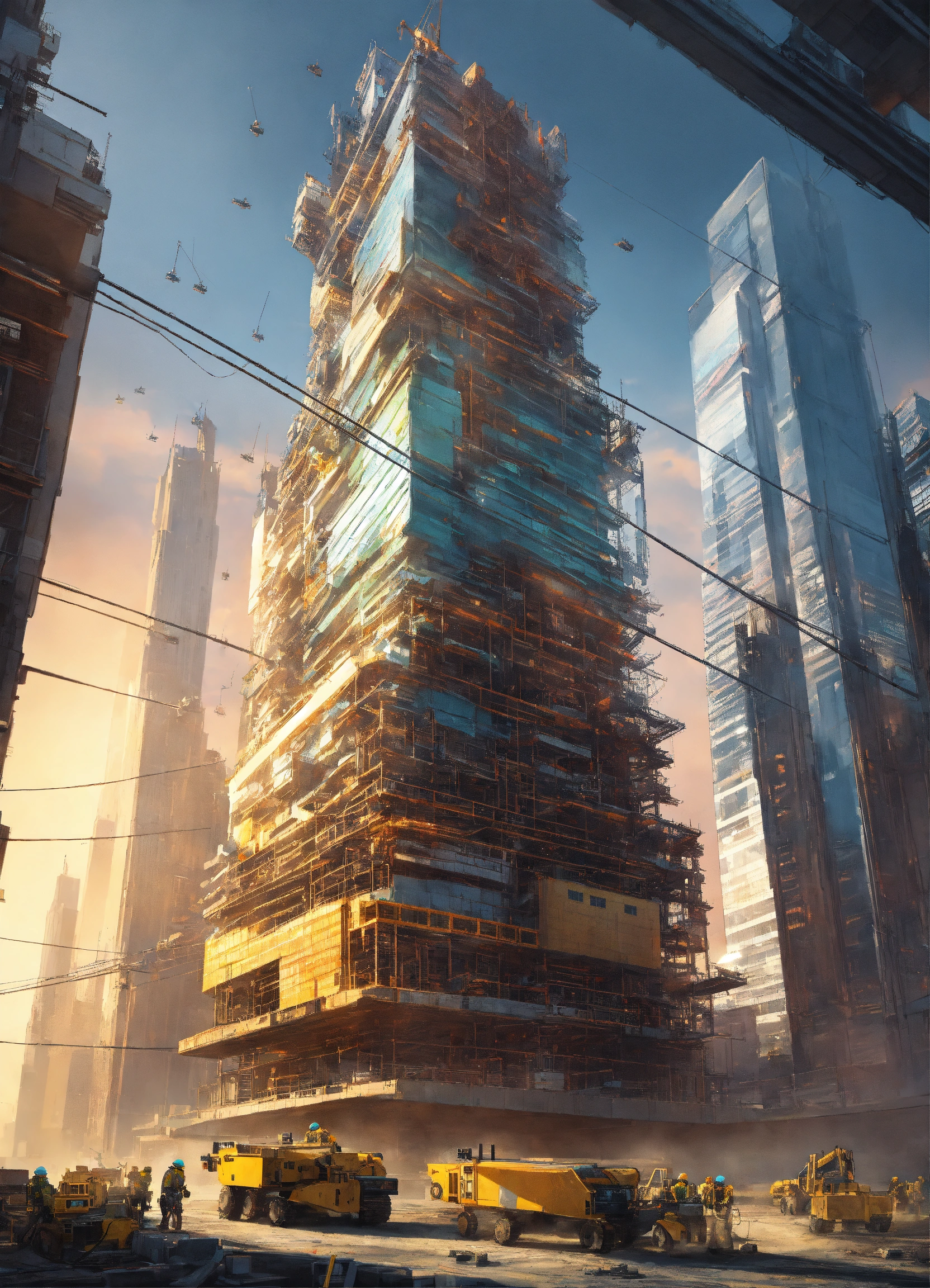 Lexica - A robotic construction crew assembling a towering skyscraper ...