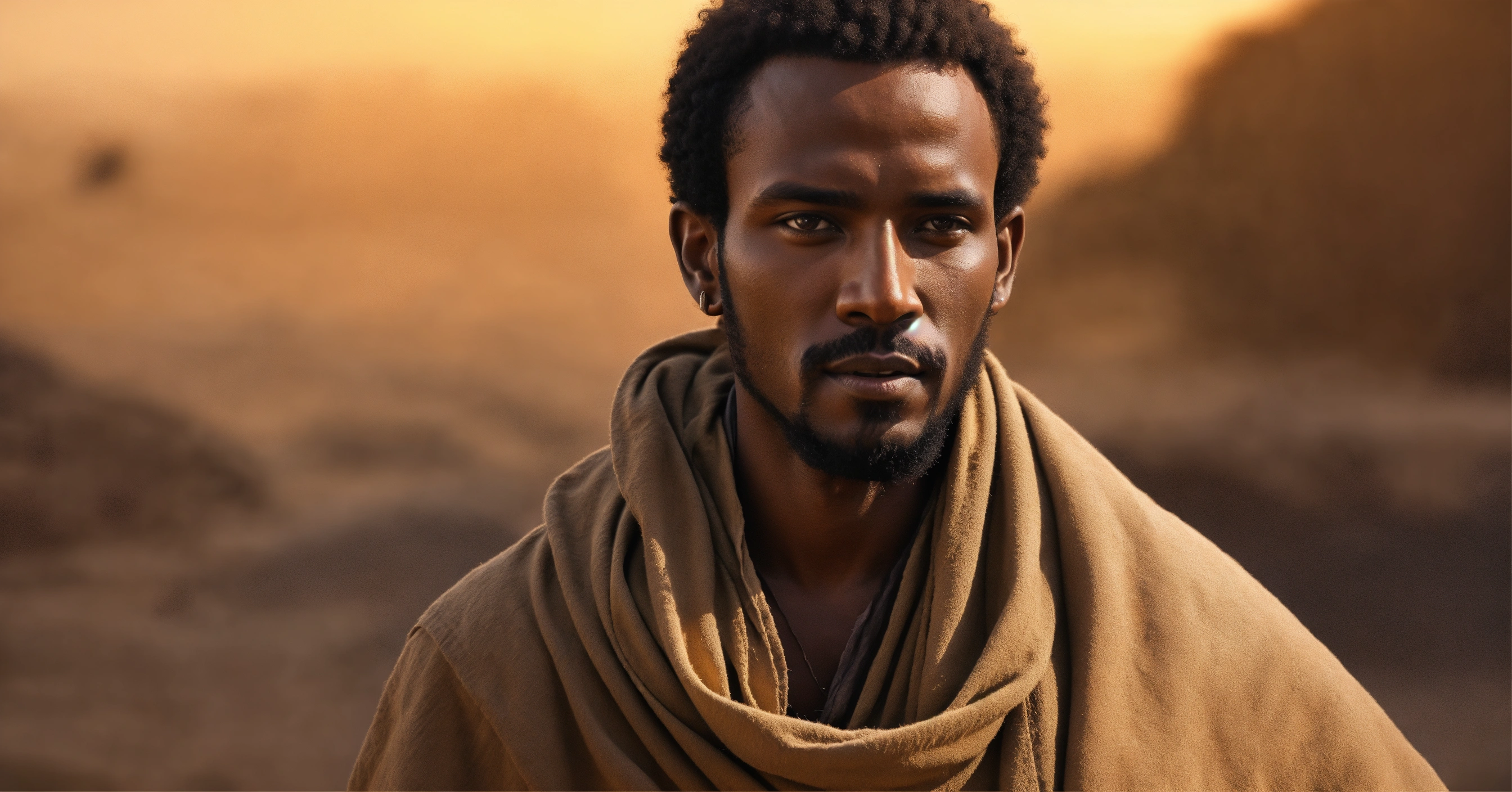 Lexica - Illustrate a view of a handsome, strong, broad-shouldered Ethiopian  man. He is wearing a long tan robe of rough sackcloth. He is very dark...