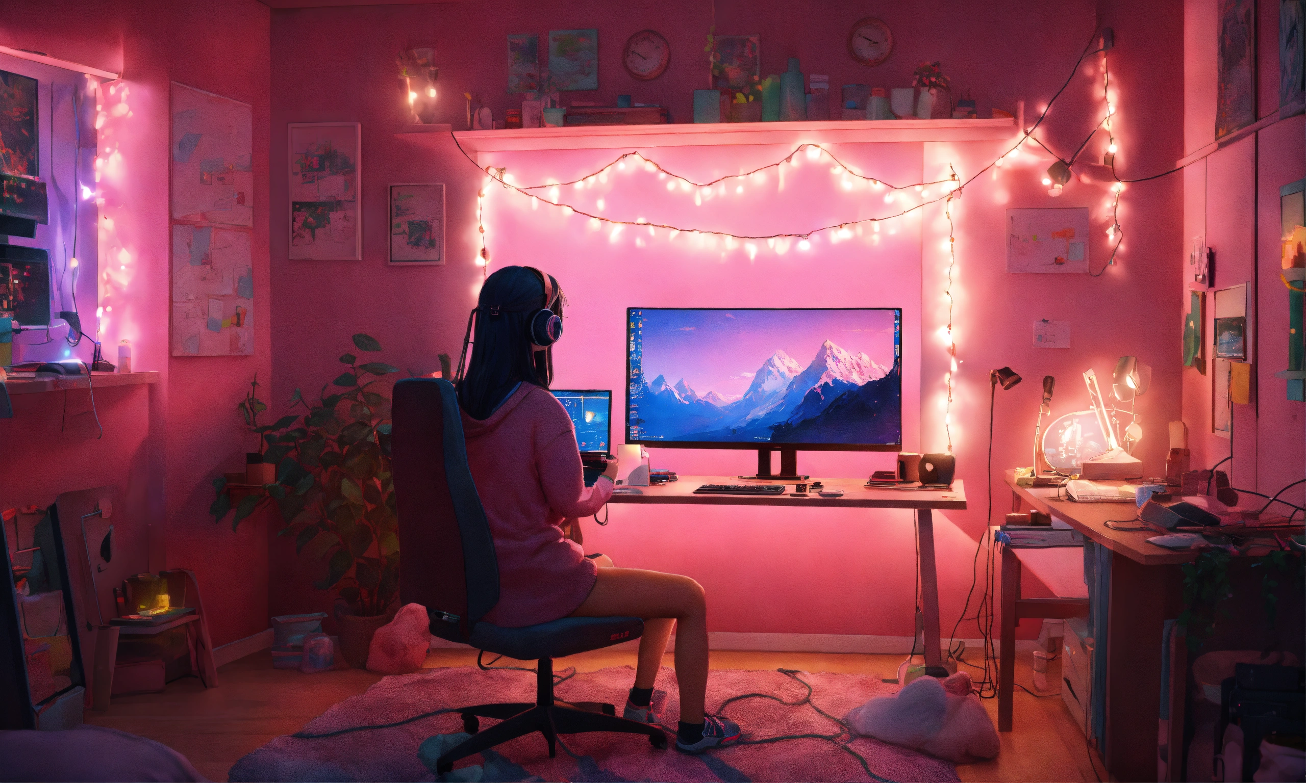 Lexica - Cute lofi girl in front of her computer in her cozy and messy ...