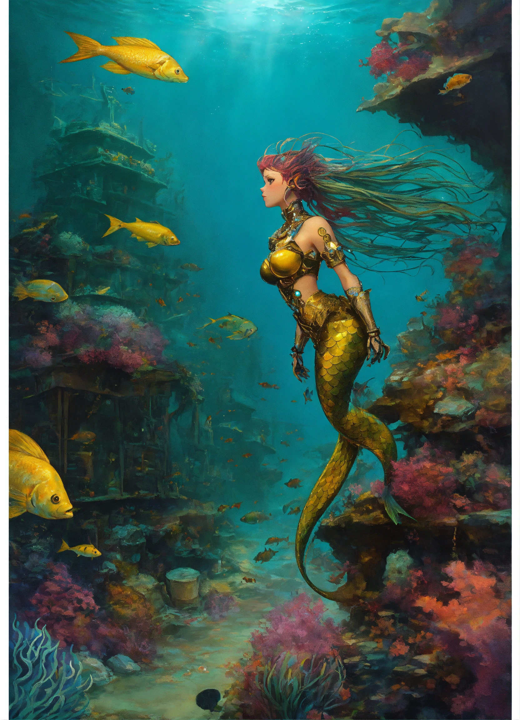 Lexica - A robot mermaid in the bottom of the sea, dark light , whit a ...
