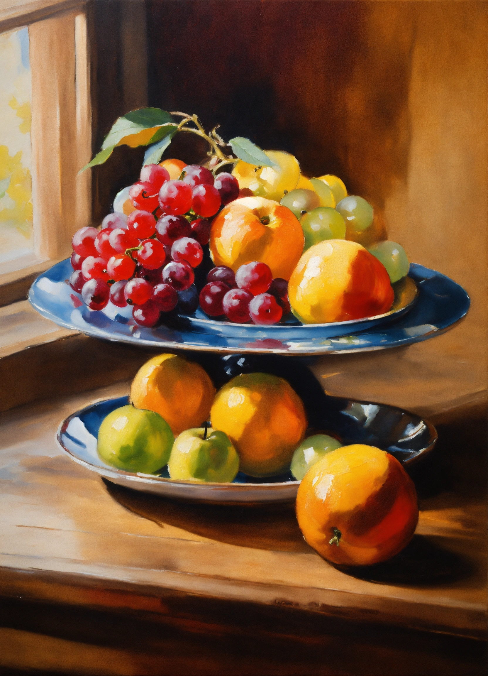 Lexica - Still life oil painting of fruit on a plate on a wooden table ...