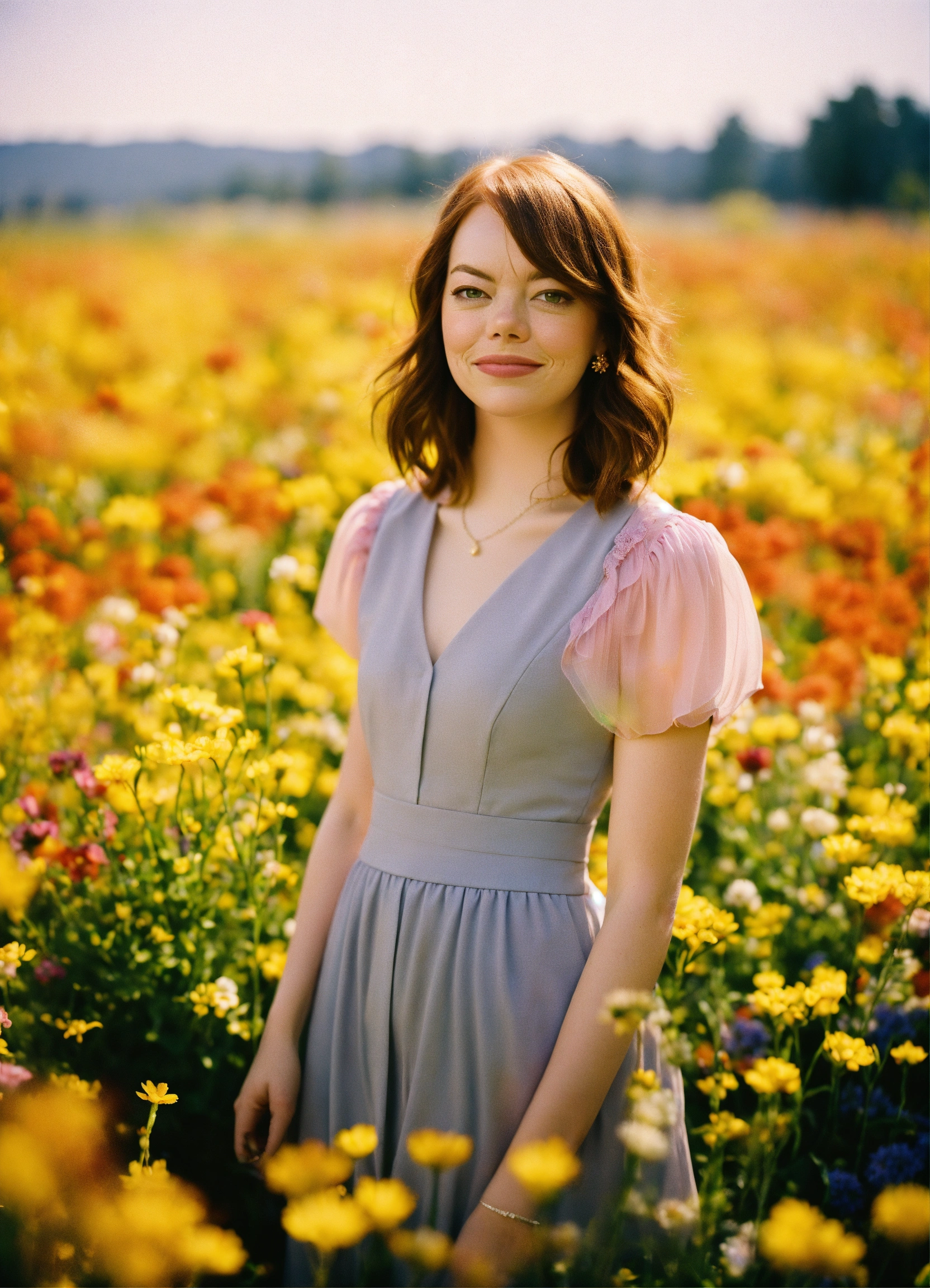 Lexica - Happy Emma Stone standing in a beautiful field of flowers