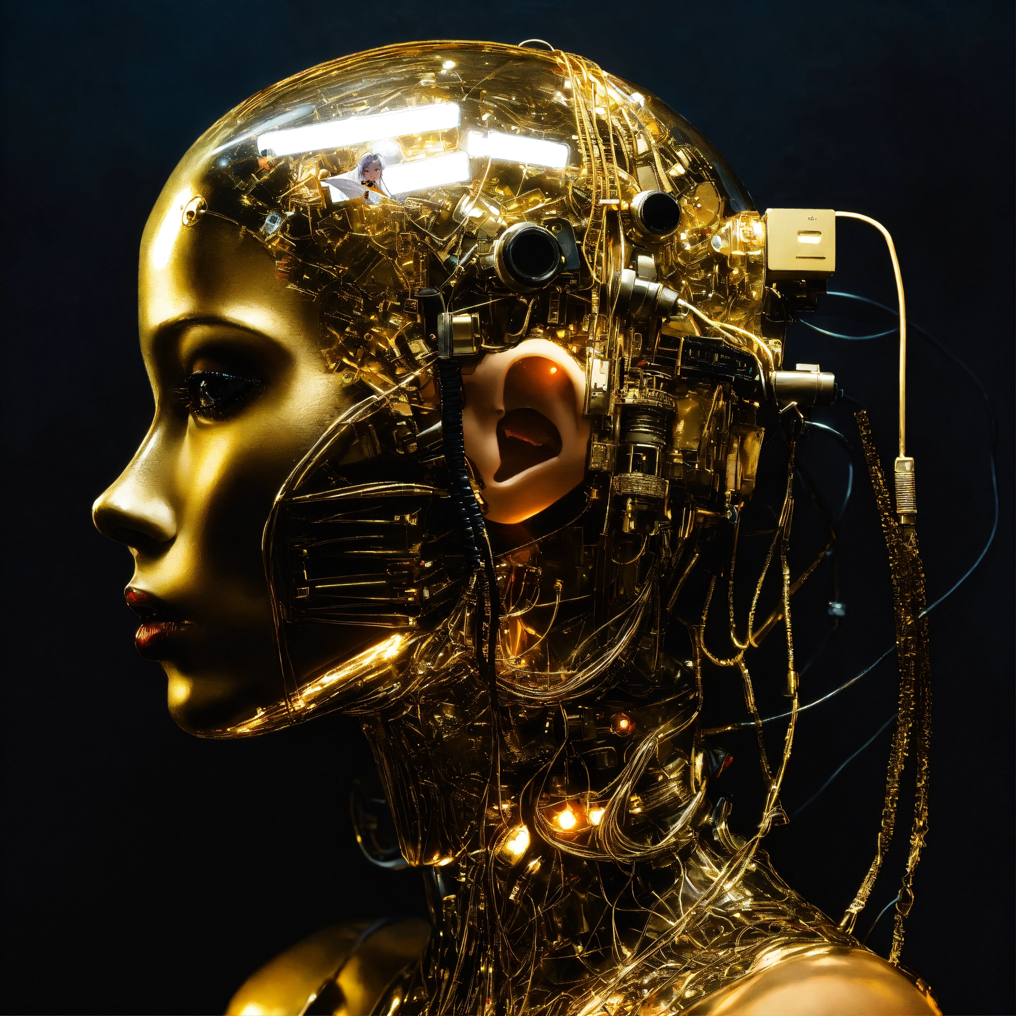 Lexica - Portrait Photography, in front of a black wall, a cyborg woman ...