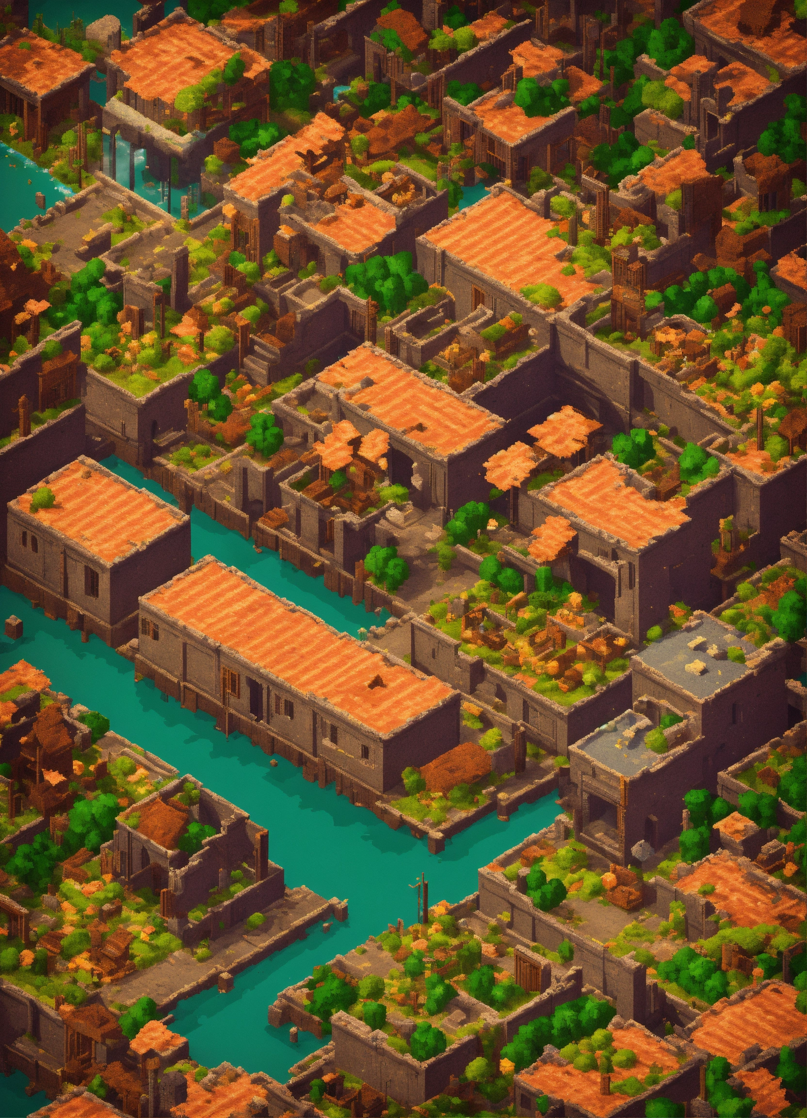 Lexica - Simple pixel city ruins from directly above