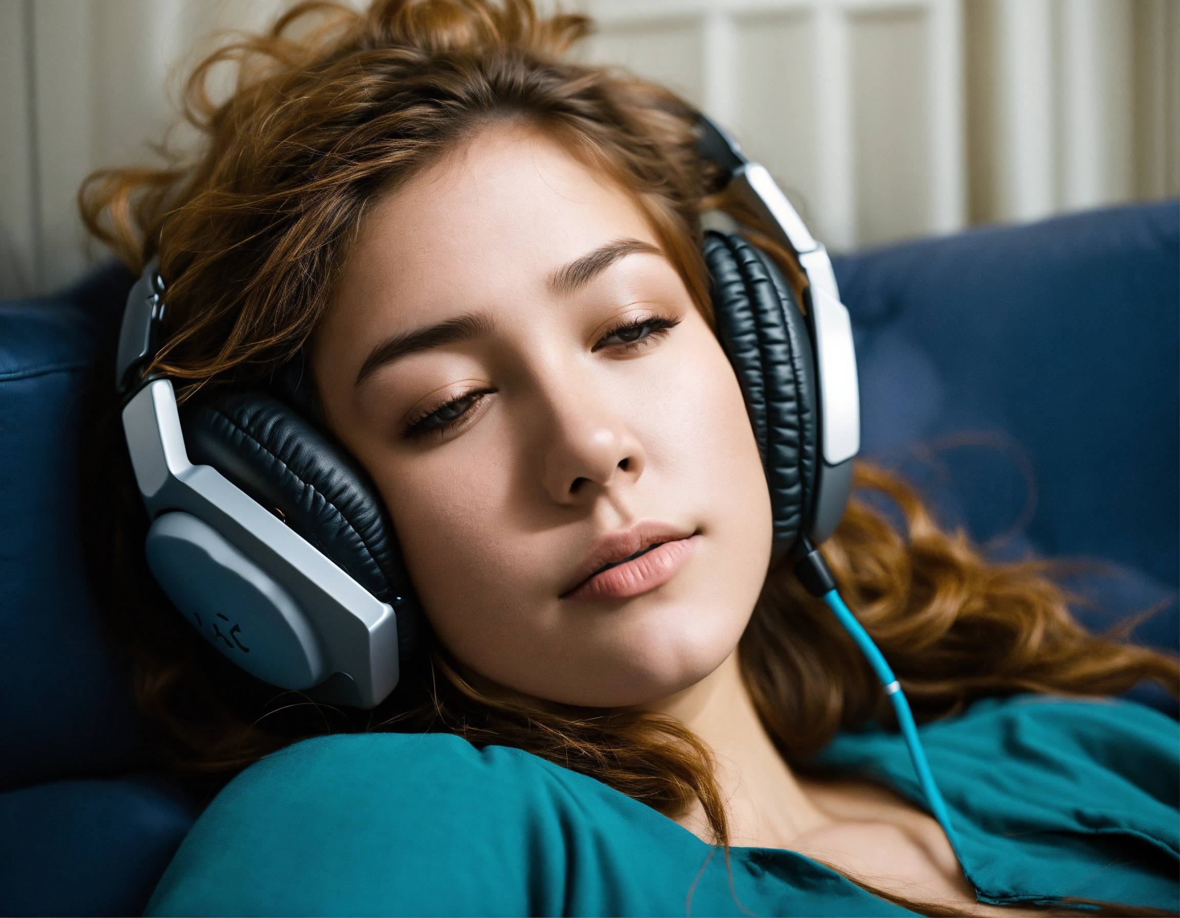 Lexica - Tete d'une Jeune femme couché sur le dos, elle porte un casque ...