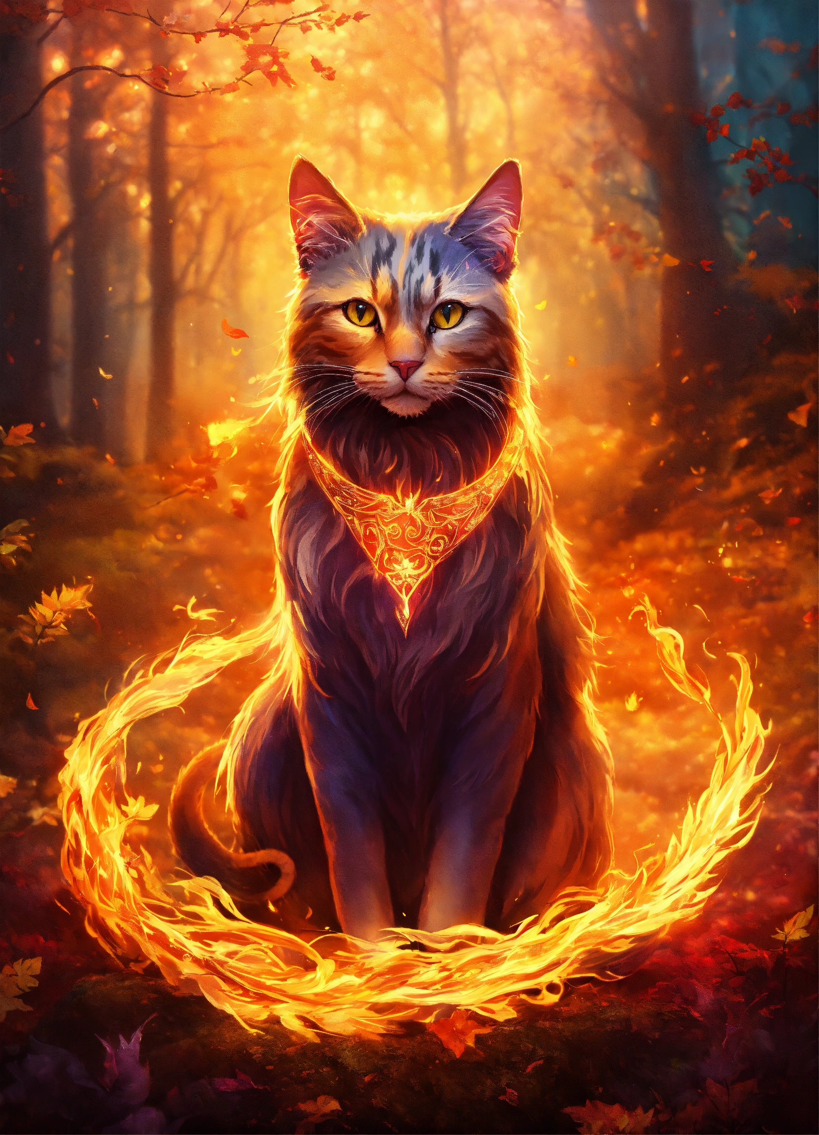 Lexica - A mystical cat spirit made of fire in an enchanted forest.