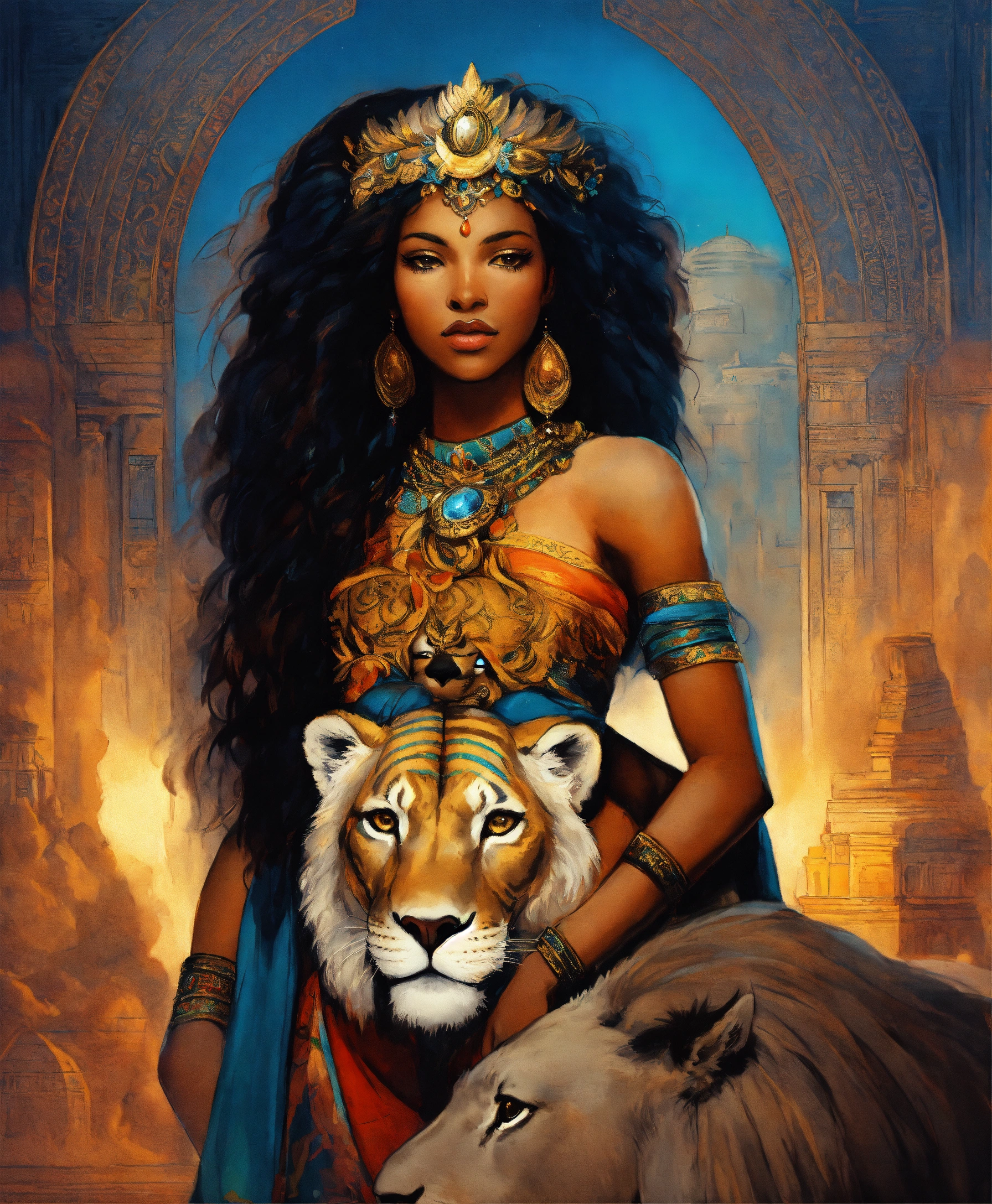 Lexica - A beautiful black woman holding a lion in her arms, fantasy ...