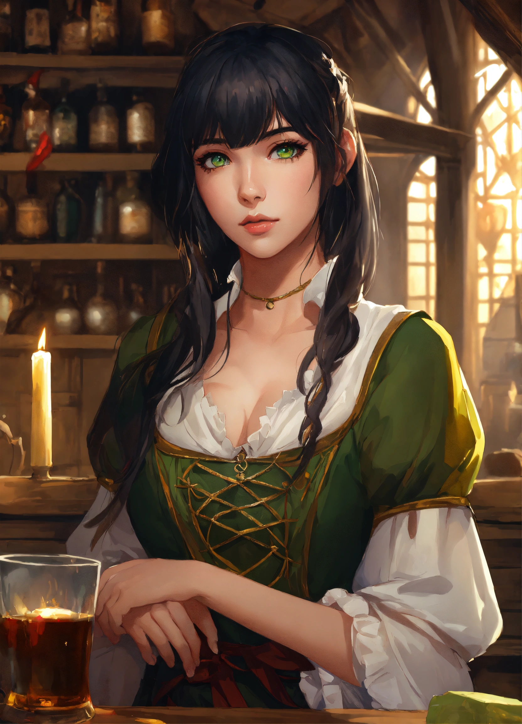 Lexica - Beautiful anime girl with bangs and black hair, wearing medieval  blouse, ample chested , standing inside a medieval tavern,green eyes  ,chara...