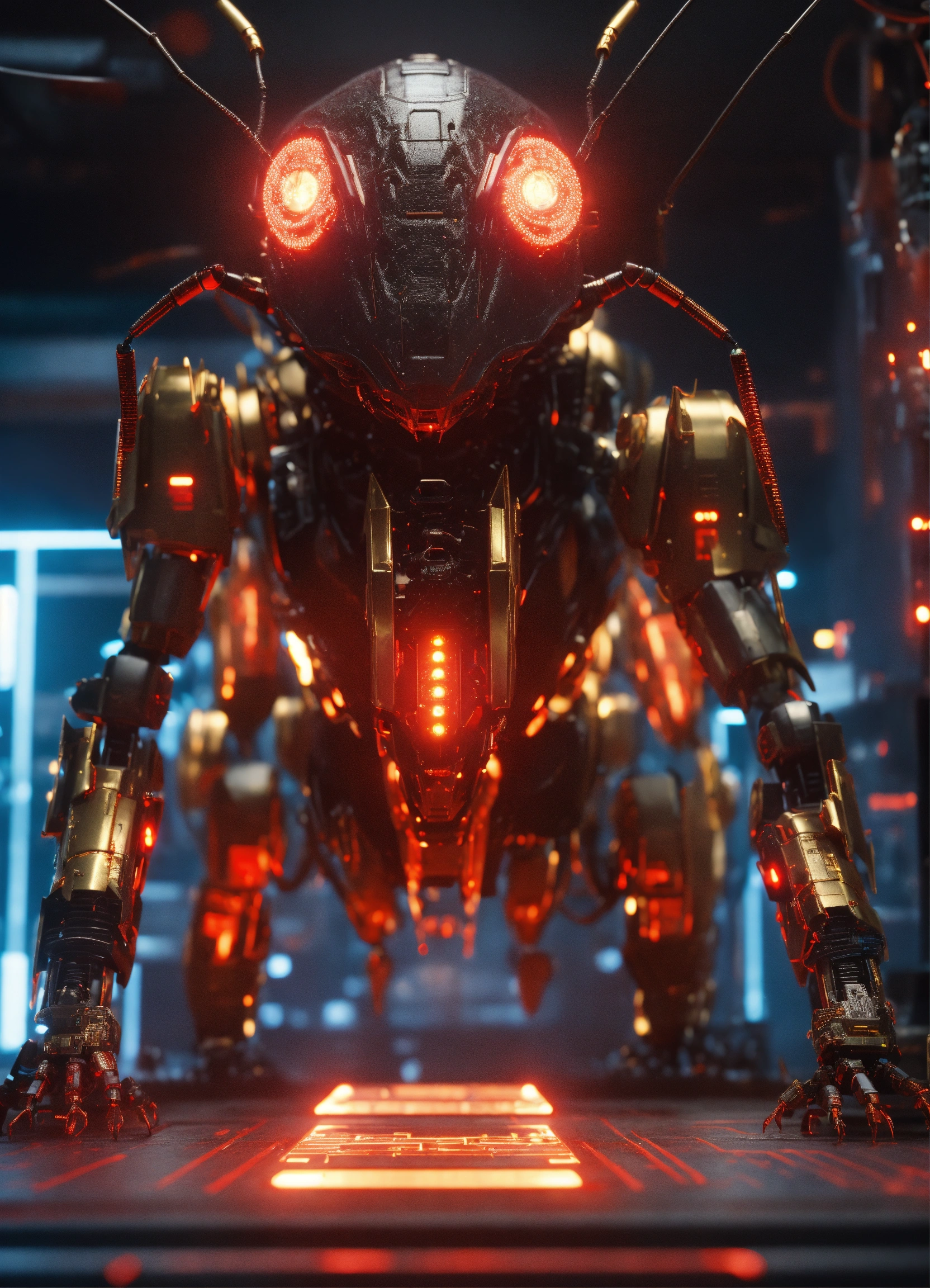 Lexica - Zoom out of black cockroach faced humanoid with red glowing ...