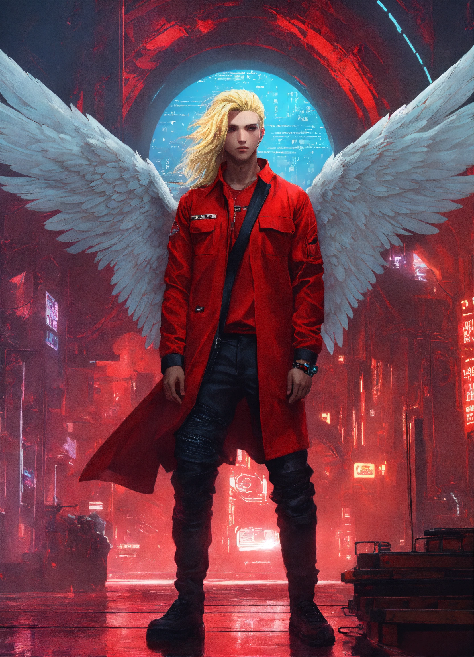 Lexica - Creates a cyberpunk style image of an angel man with wings who ...