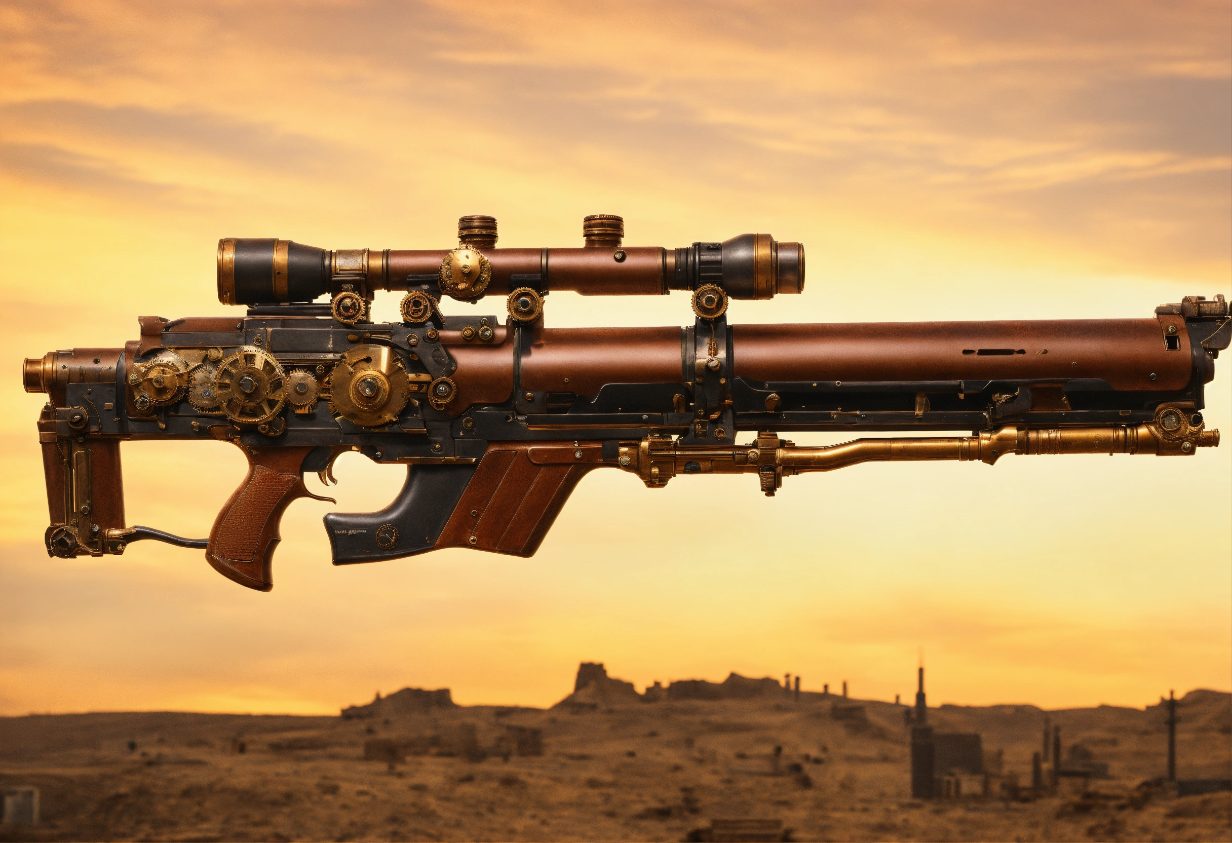 Lexica - Side view of the full image of a steampunk energy rifle
