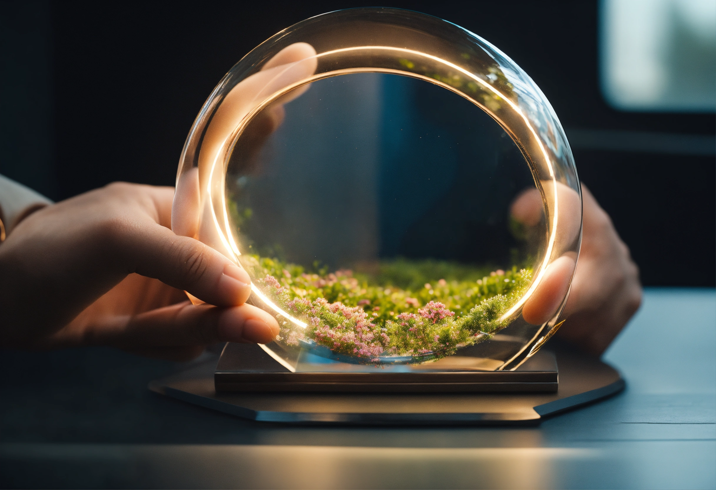 Lexica - Hands clear looking through ultra thin glass circle, future ...