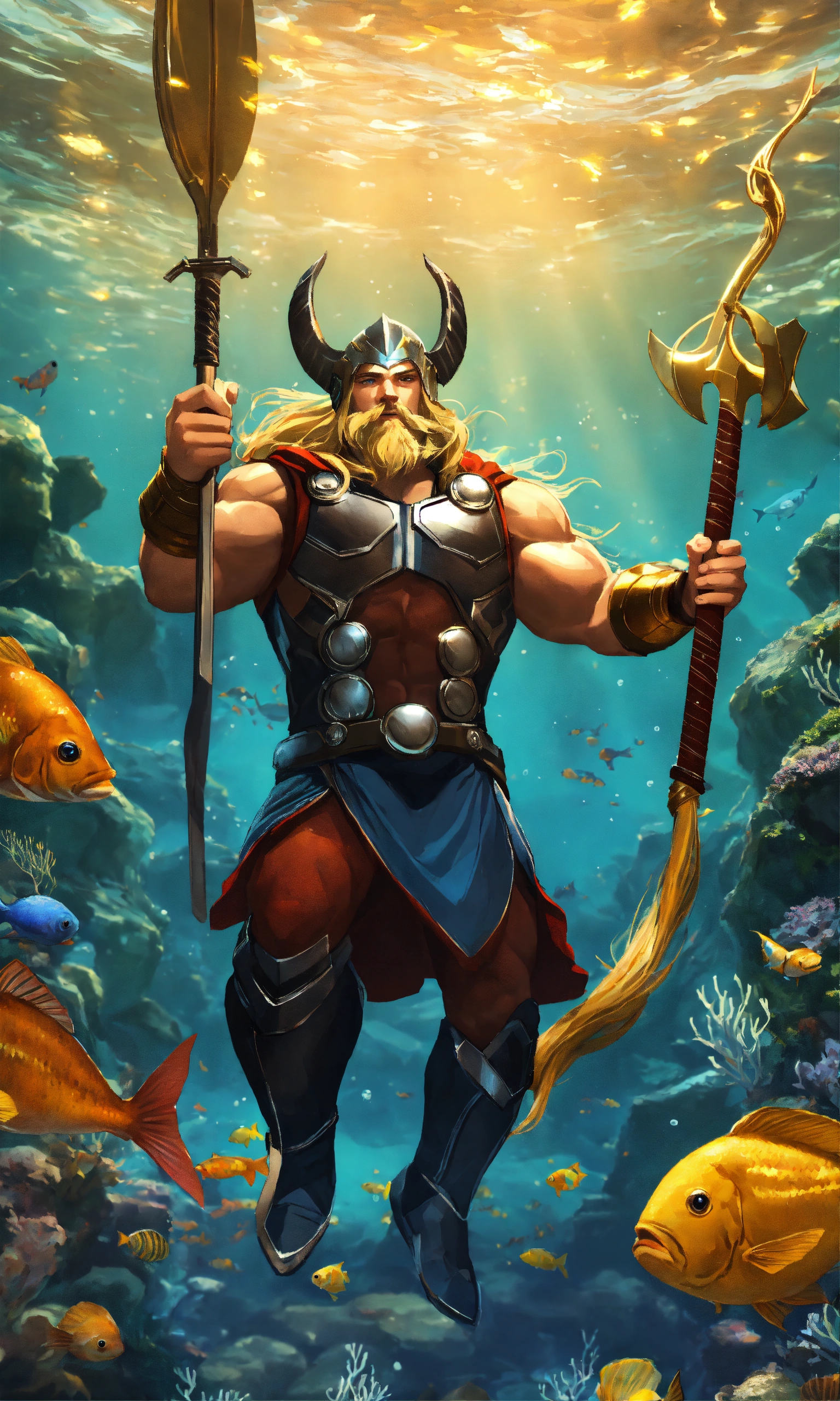 Lexica - Thor with fish underwater in the ocean, nature background, 2D ...