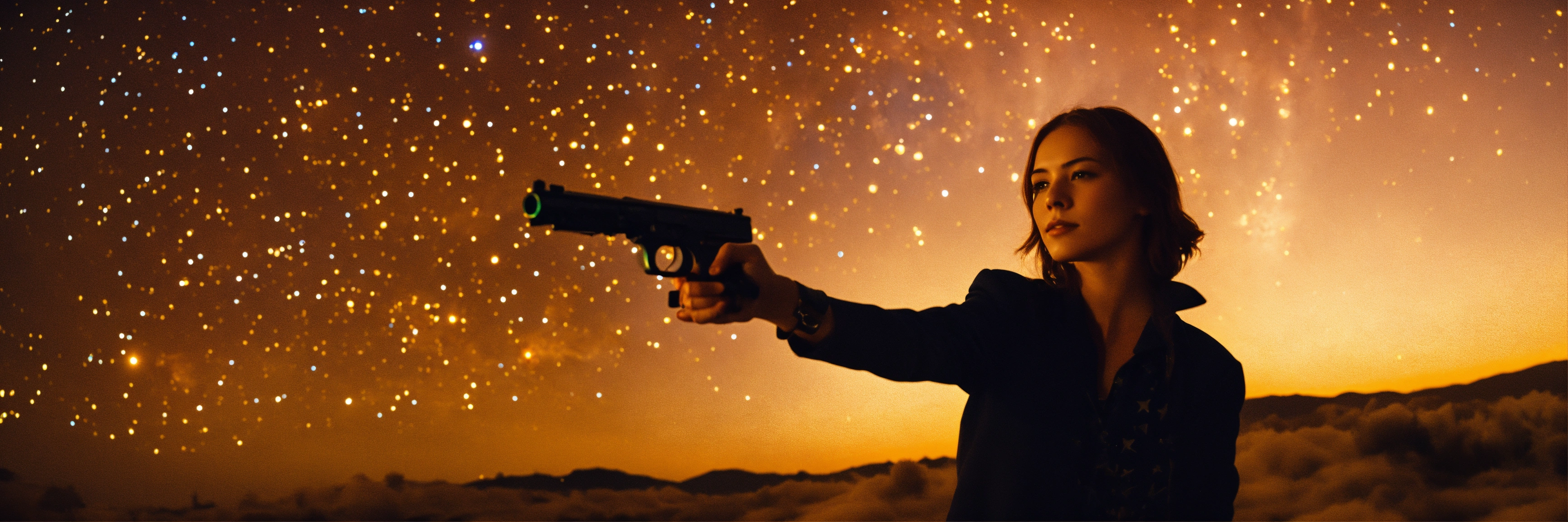 Lexica - Woman holding a pistol in front of a star-filled sky