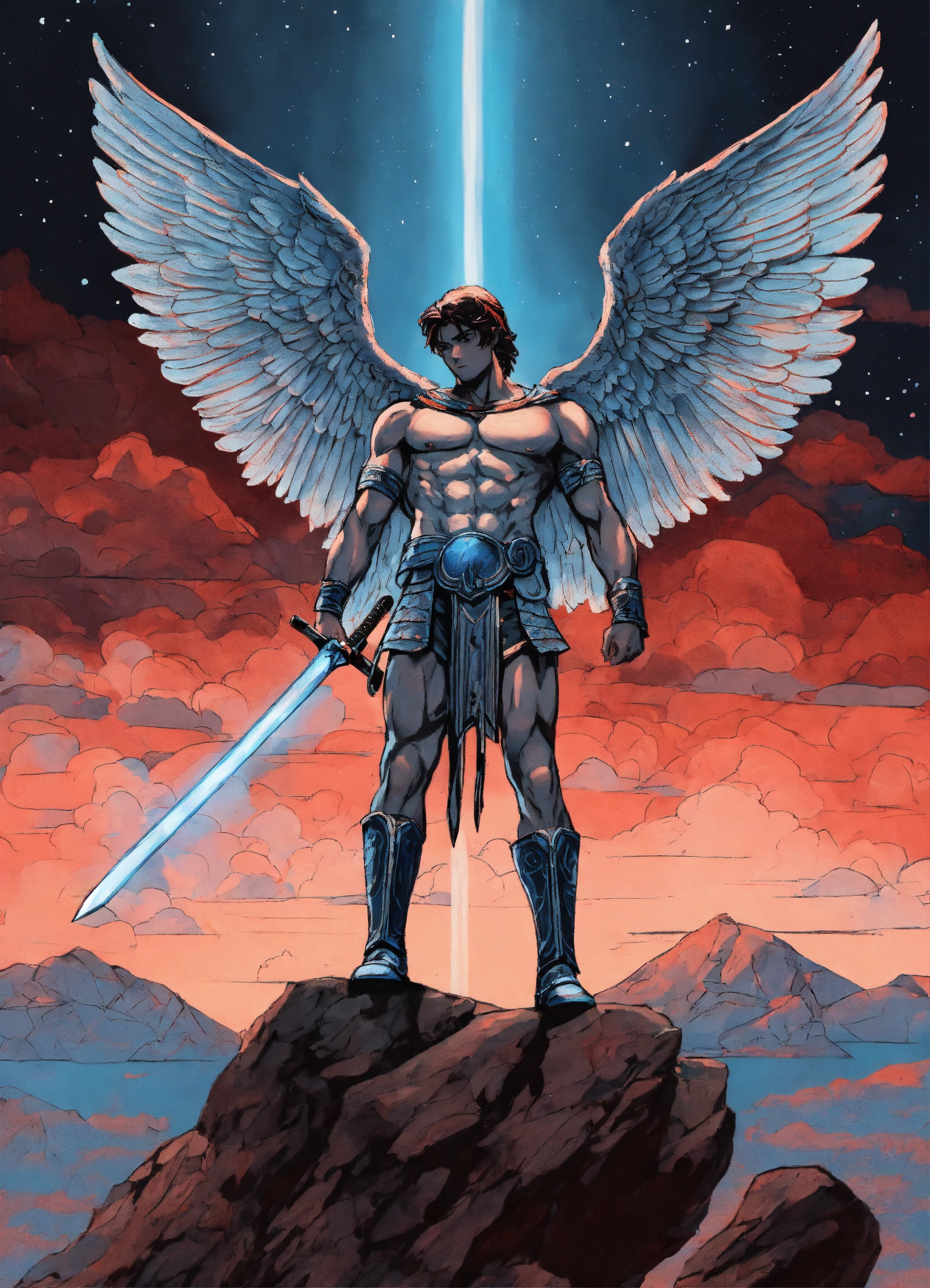 Lexica - Drawing of an angel figure with muscles, wide wings, sword in ...