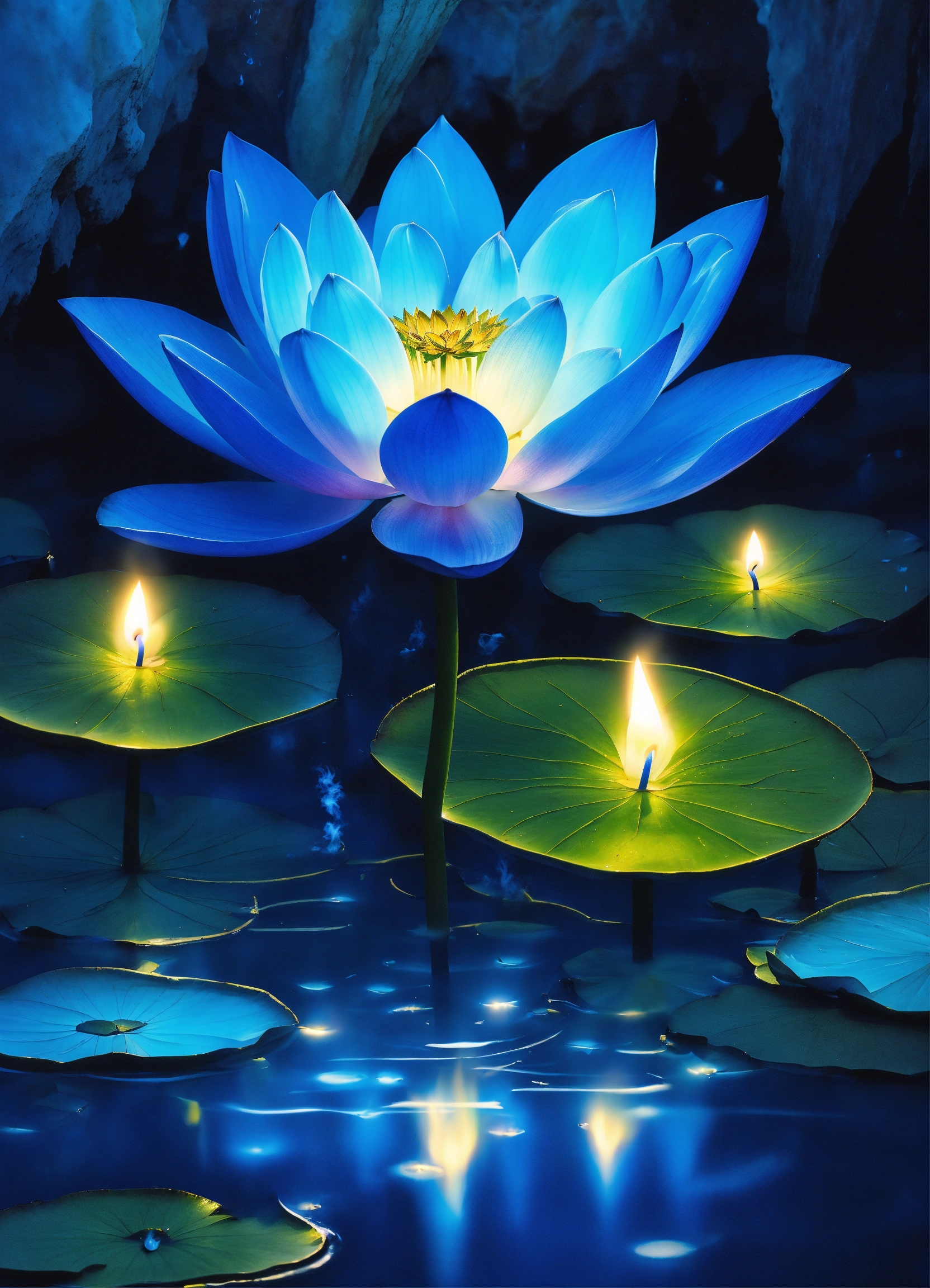 Lexica An blue turquoise lotus emitting a bright blue light and
