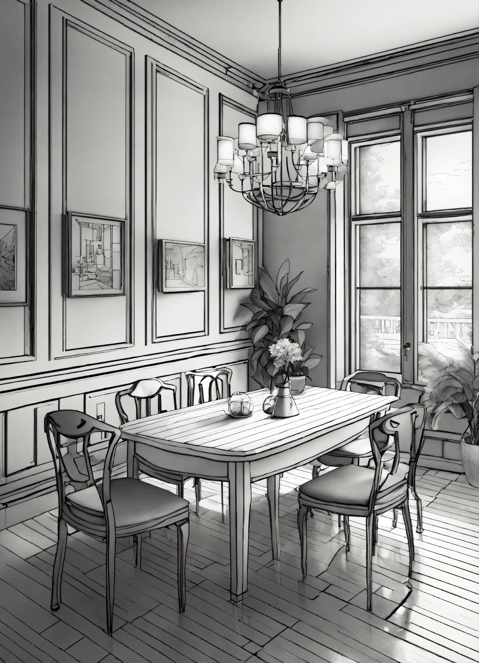 Lexica - Coloring book page, isometric dining room, 3d art, black and ...