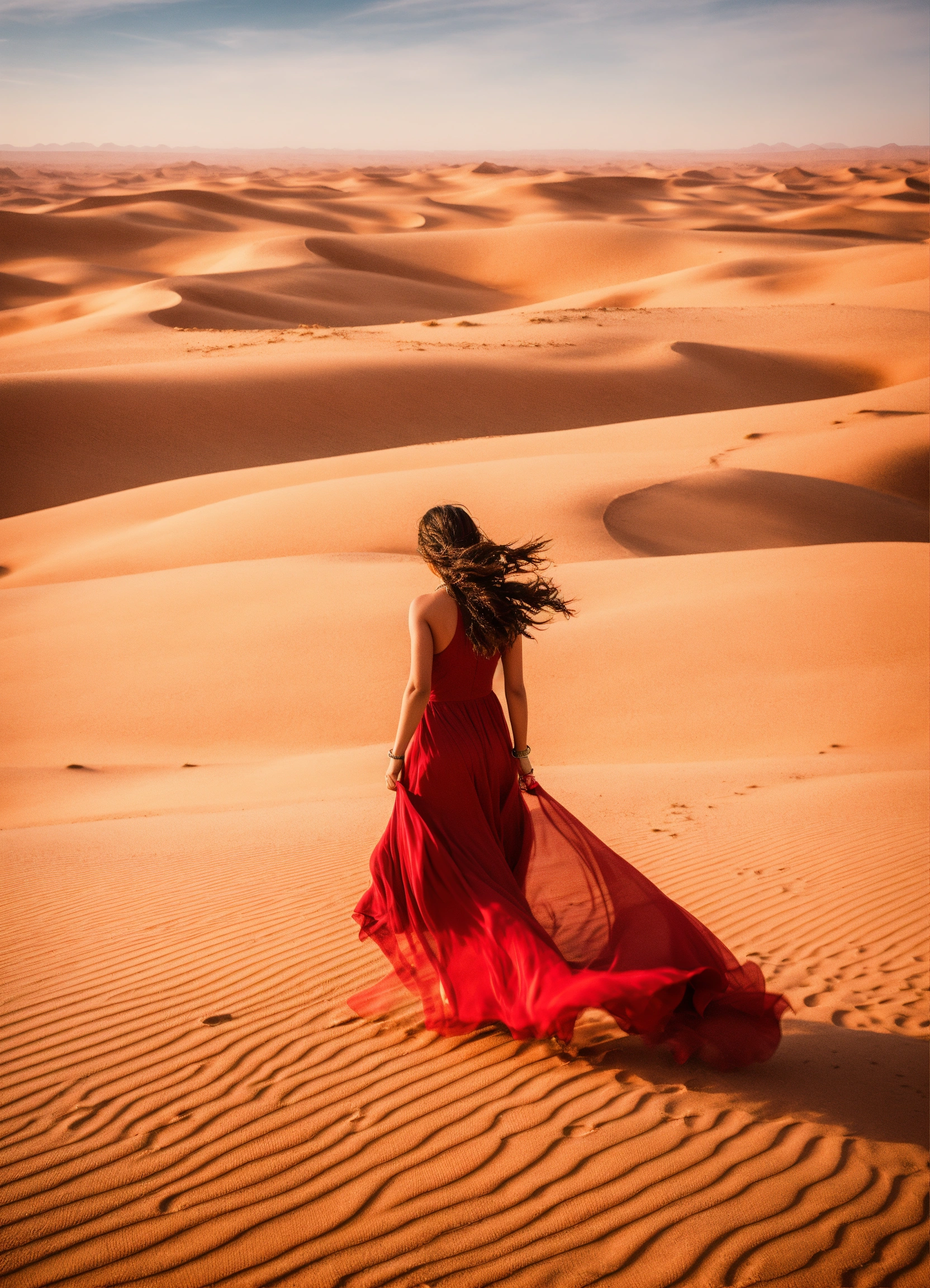 Lexica - Woman running through a sahara place in a long red dress ...