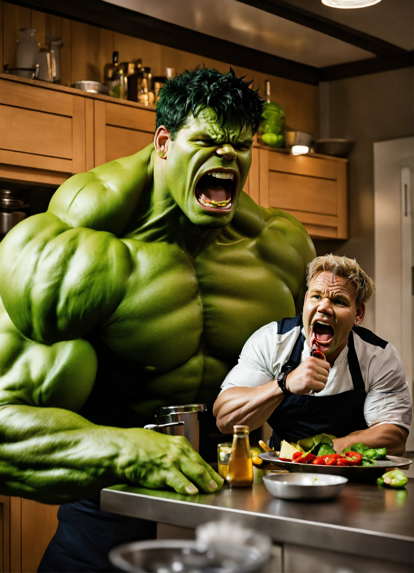 Lexica - Gordon ramsay screaming at hulk in a kitchen