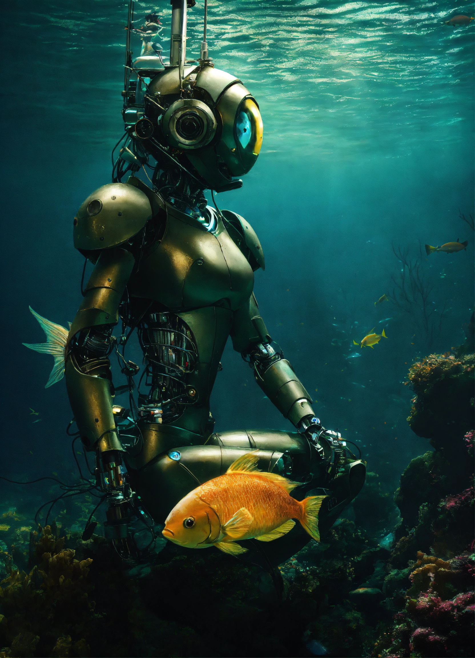 Lexica - A robot mermaid in the bottom of the sea, dark light , whit a ...