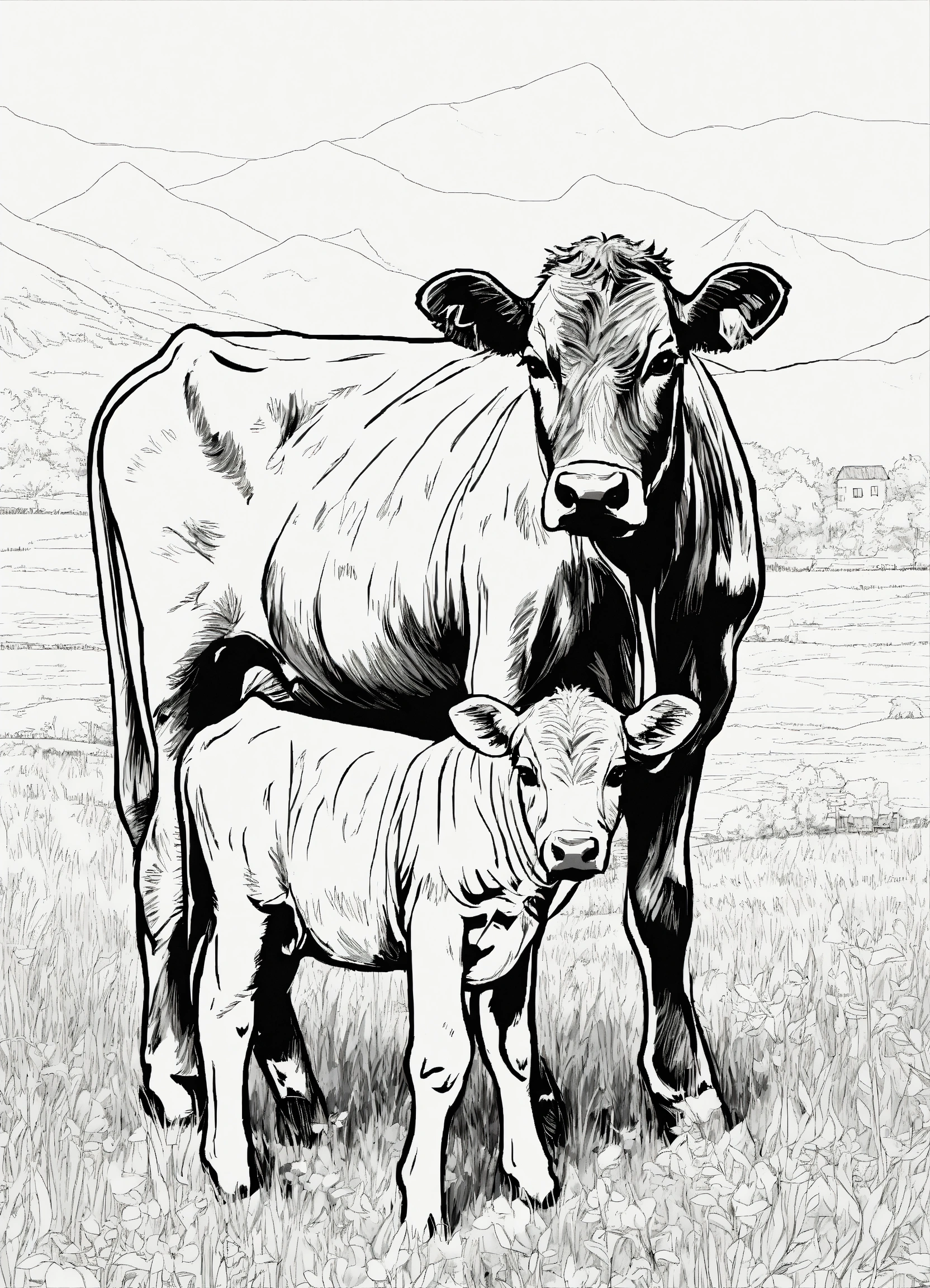 Lexica - A cow with a baby cow black and white drawing for a coloring ...