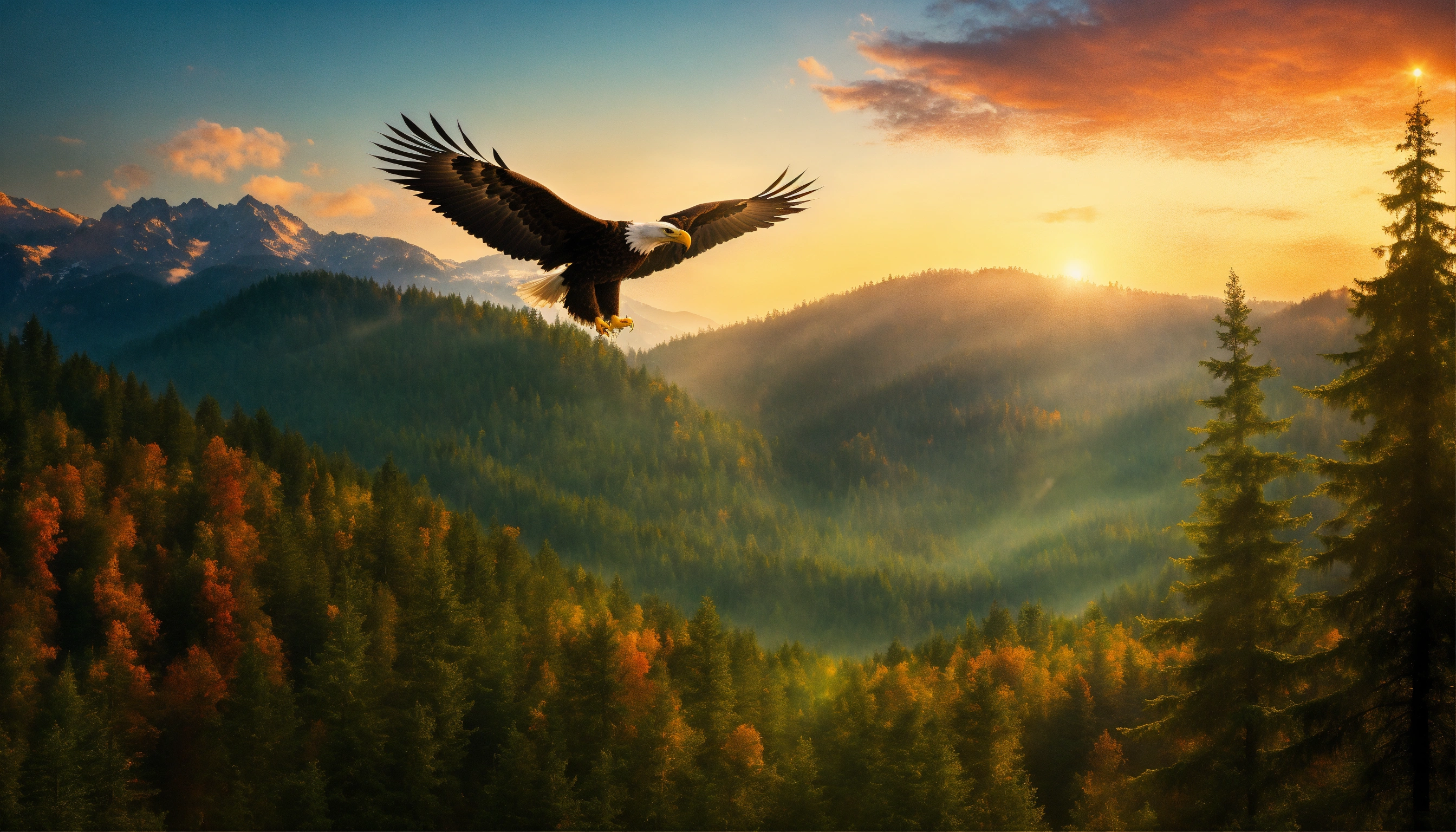 Lexica - A bald eagle flying in the sky over a magical forest