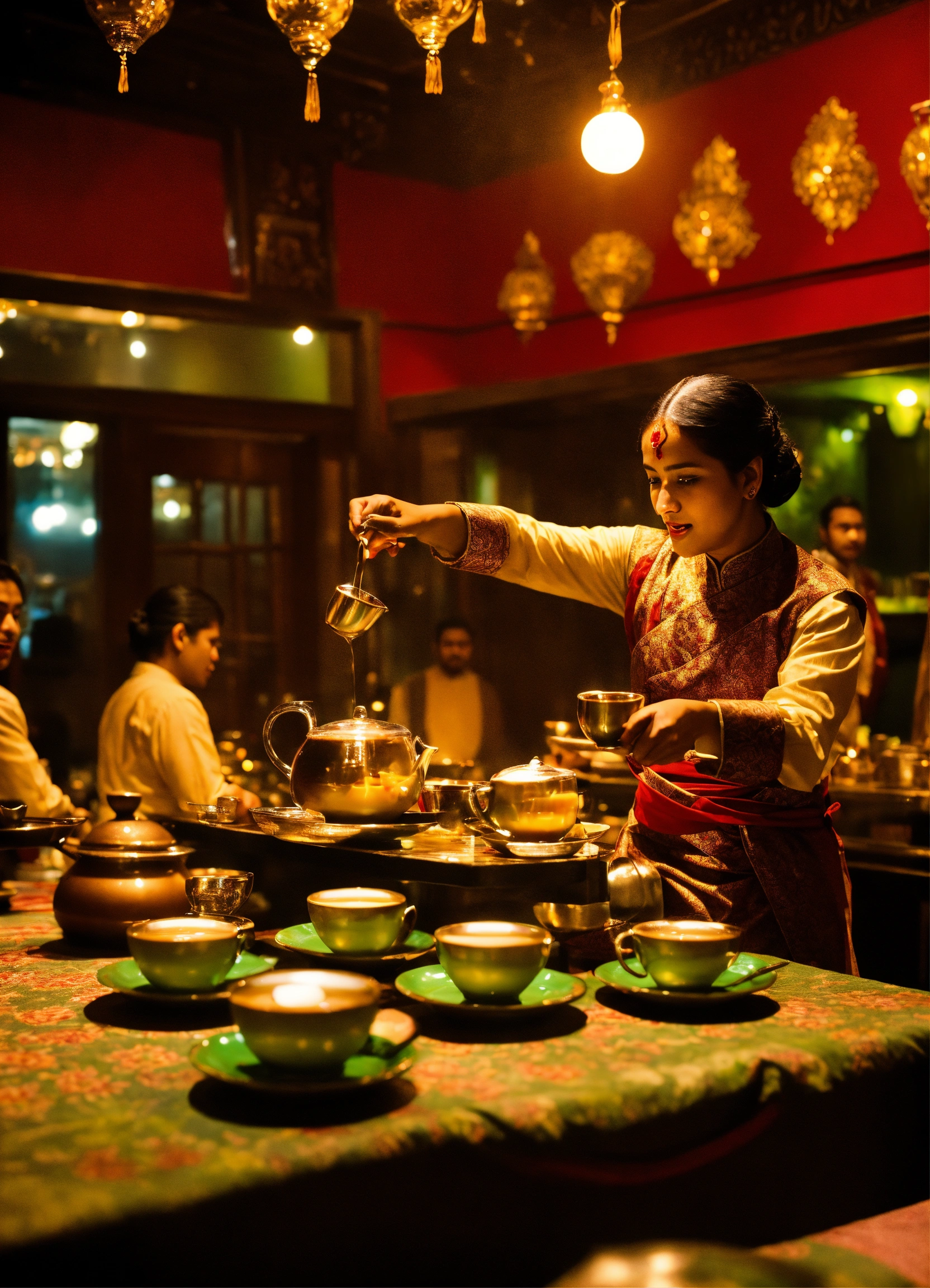 Lexica - Skilled servers pour Chai tea from one cup to another in a ...