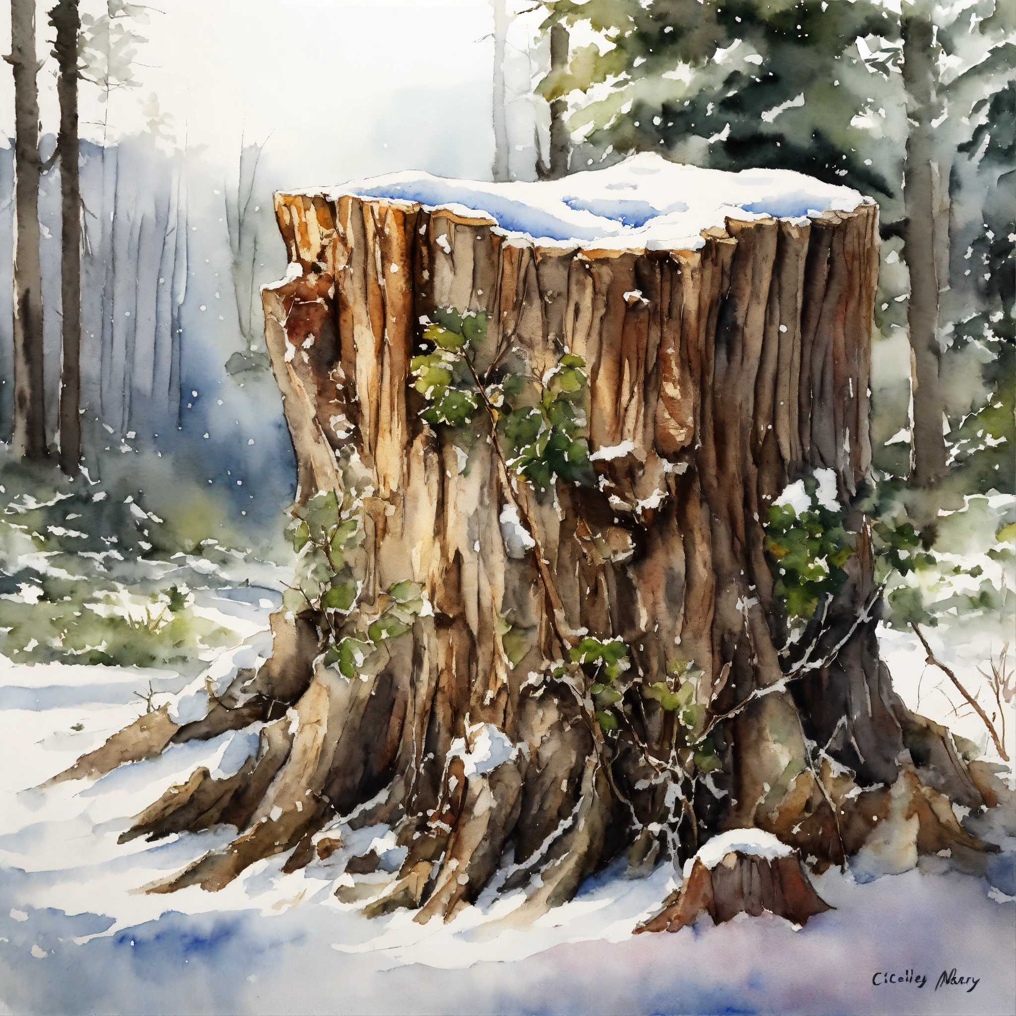 Lexica - White background, snow covered tree stump, sharp focus, studio ...