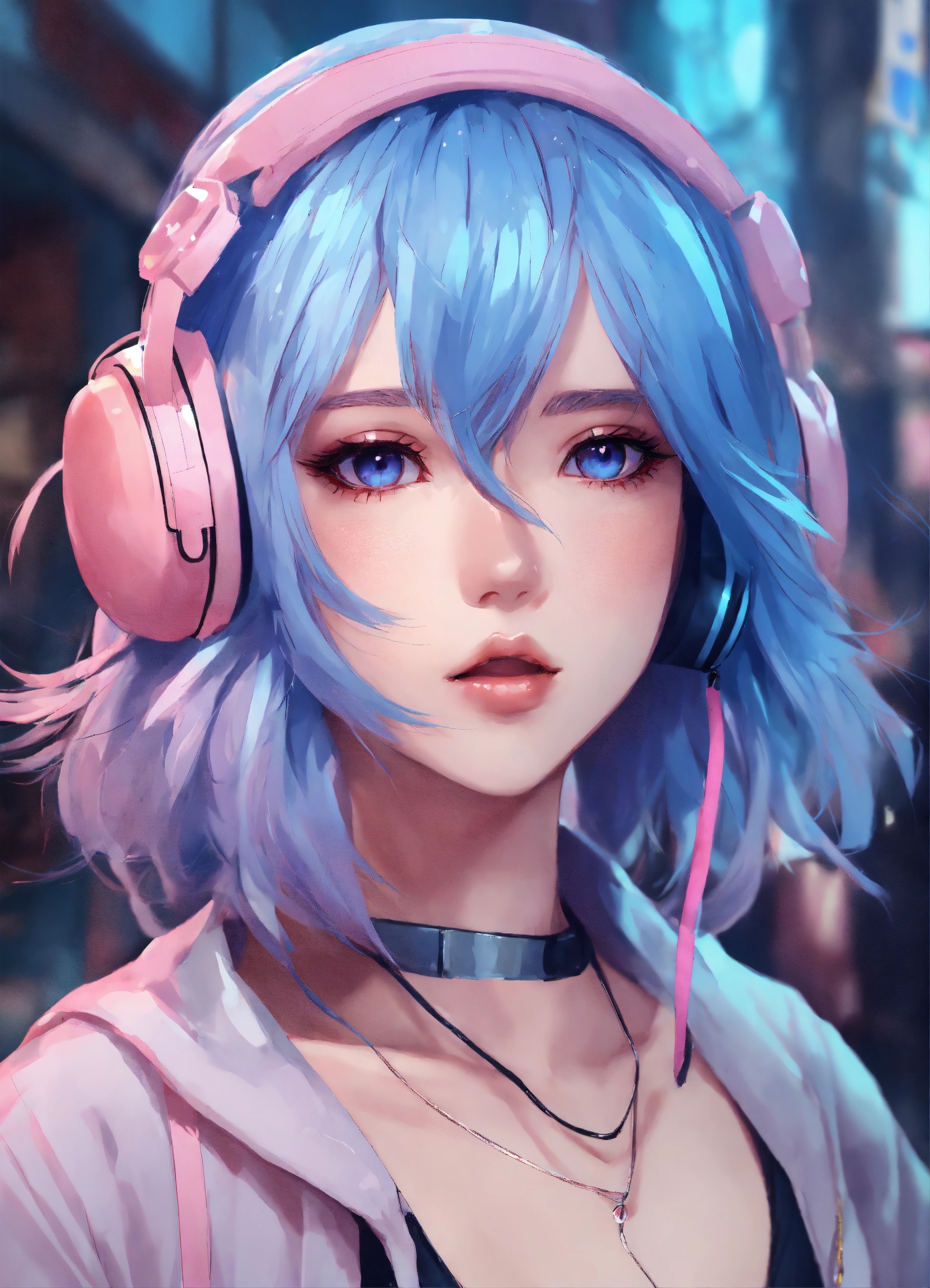 Lexica - 1 woman blue hair, pink eyes, style anime, detailed ...