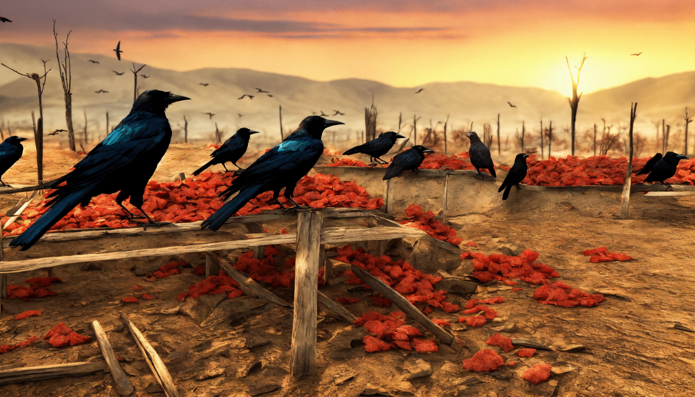 Lexica - 3d picture of a flock of crows sitting on dried land