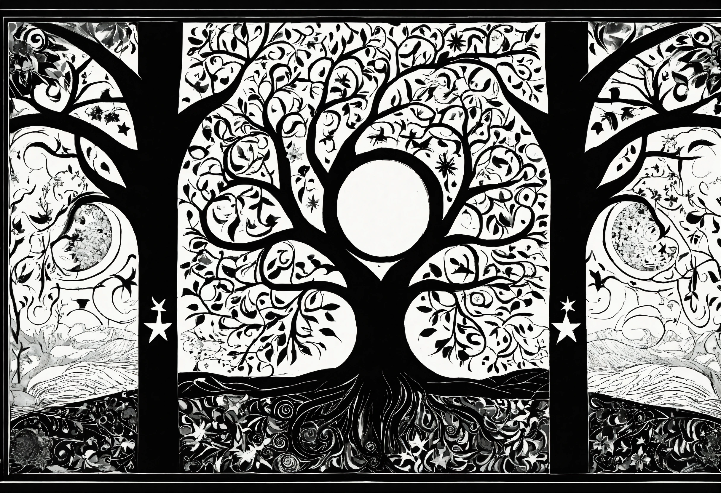 Lexica - Tree of life black and white no leaf with moon sun and stars