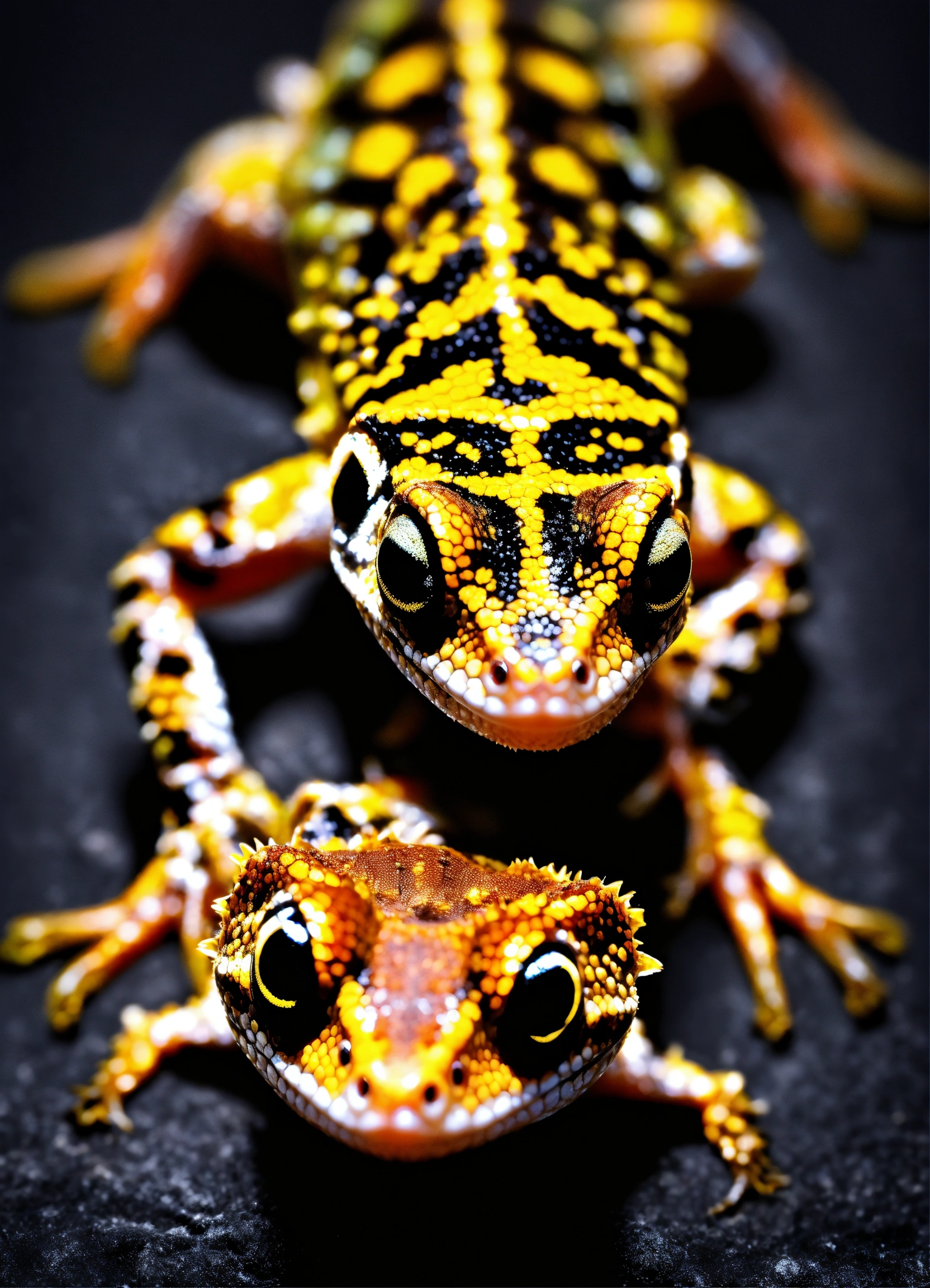 Lexica - Gecko crawling from above black background photo realistic