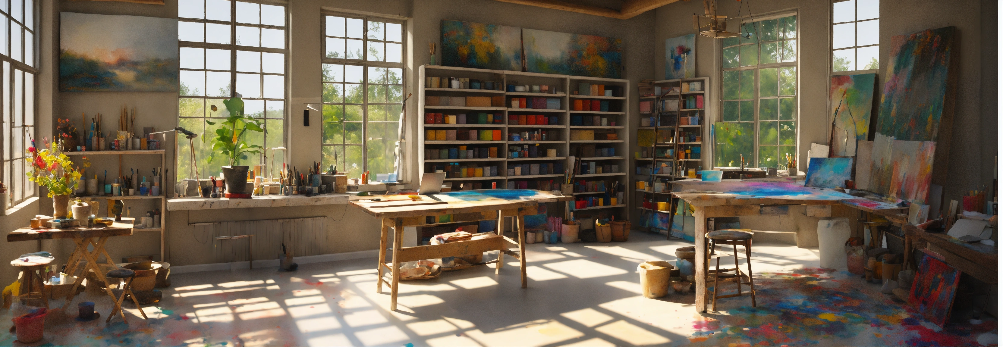 Lexica - Concept art of an art studio, paintings on a canvas, stacked ...