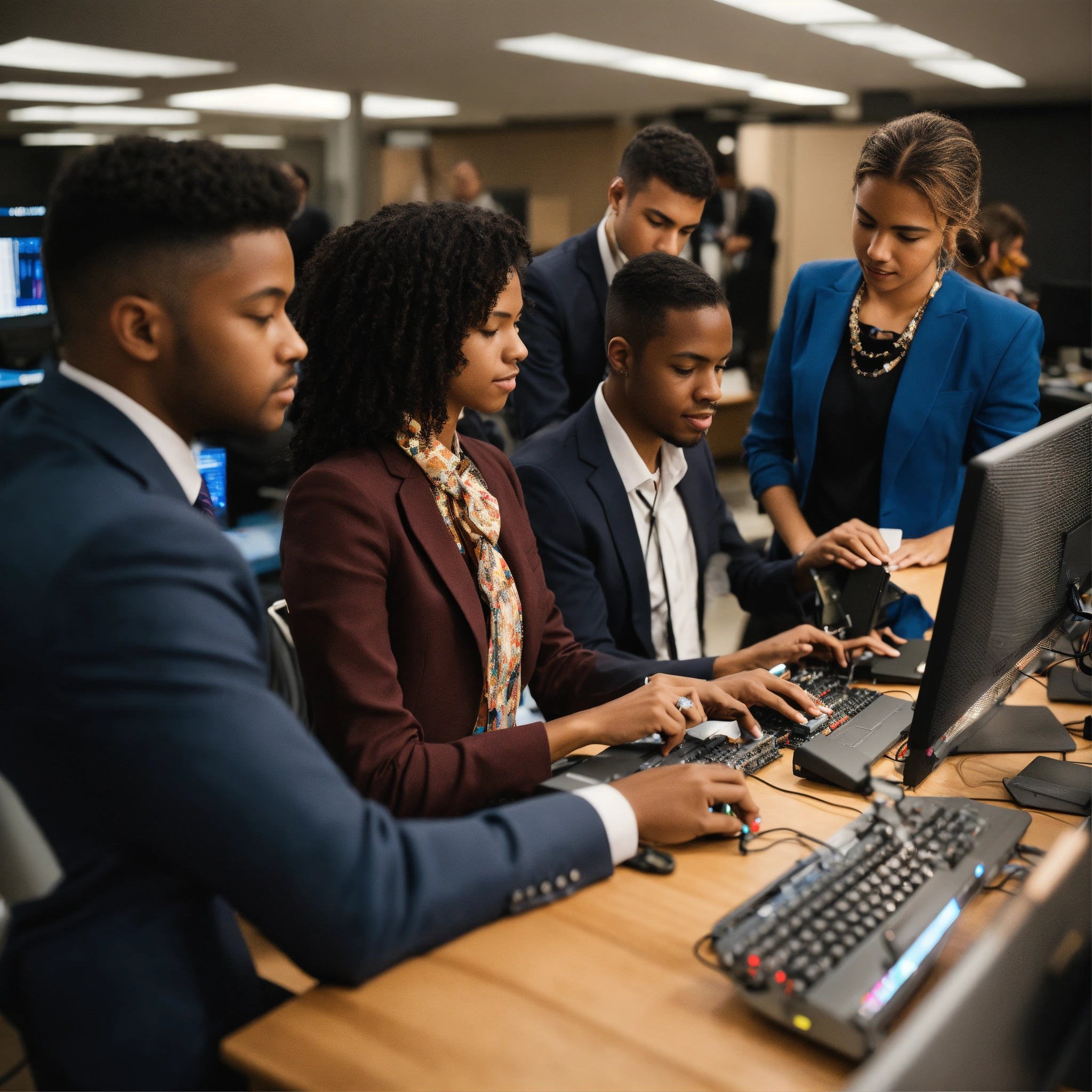 Lexica - A photo of a group of people working on a computer. The people ...