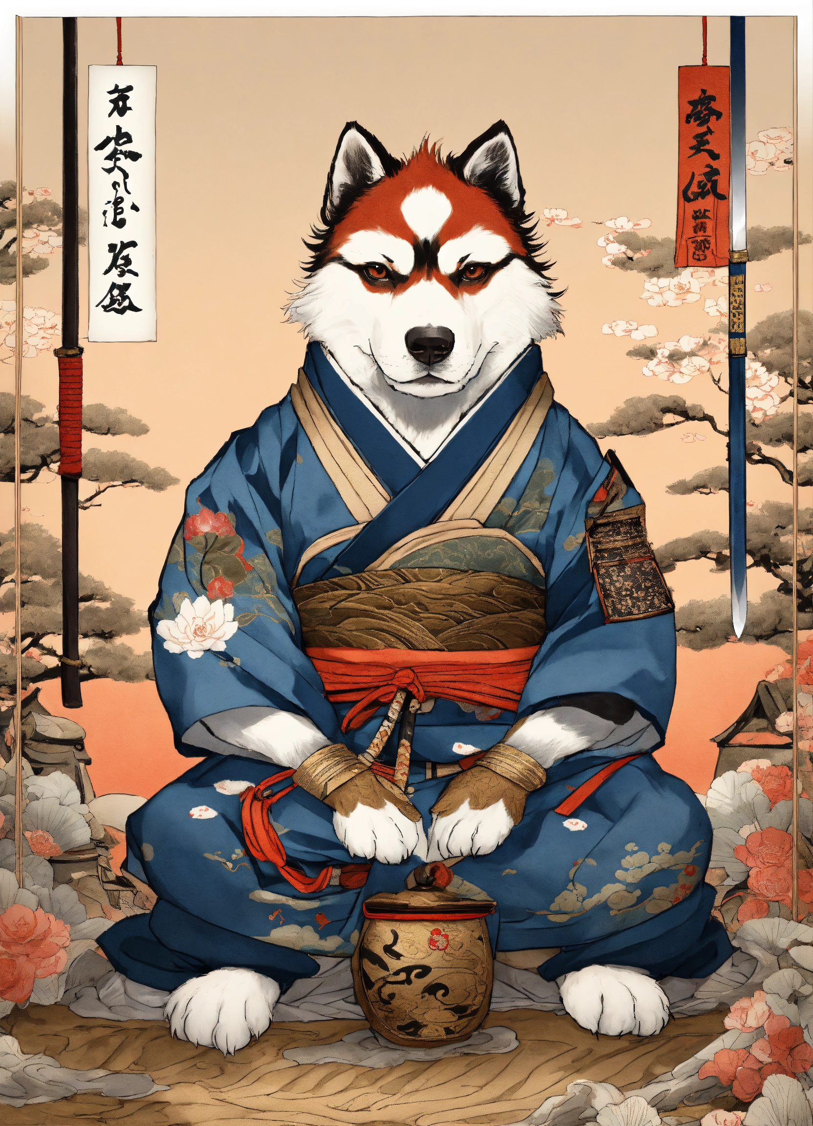 Lexica - There is a dog with a fish and a sword on a white background ...