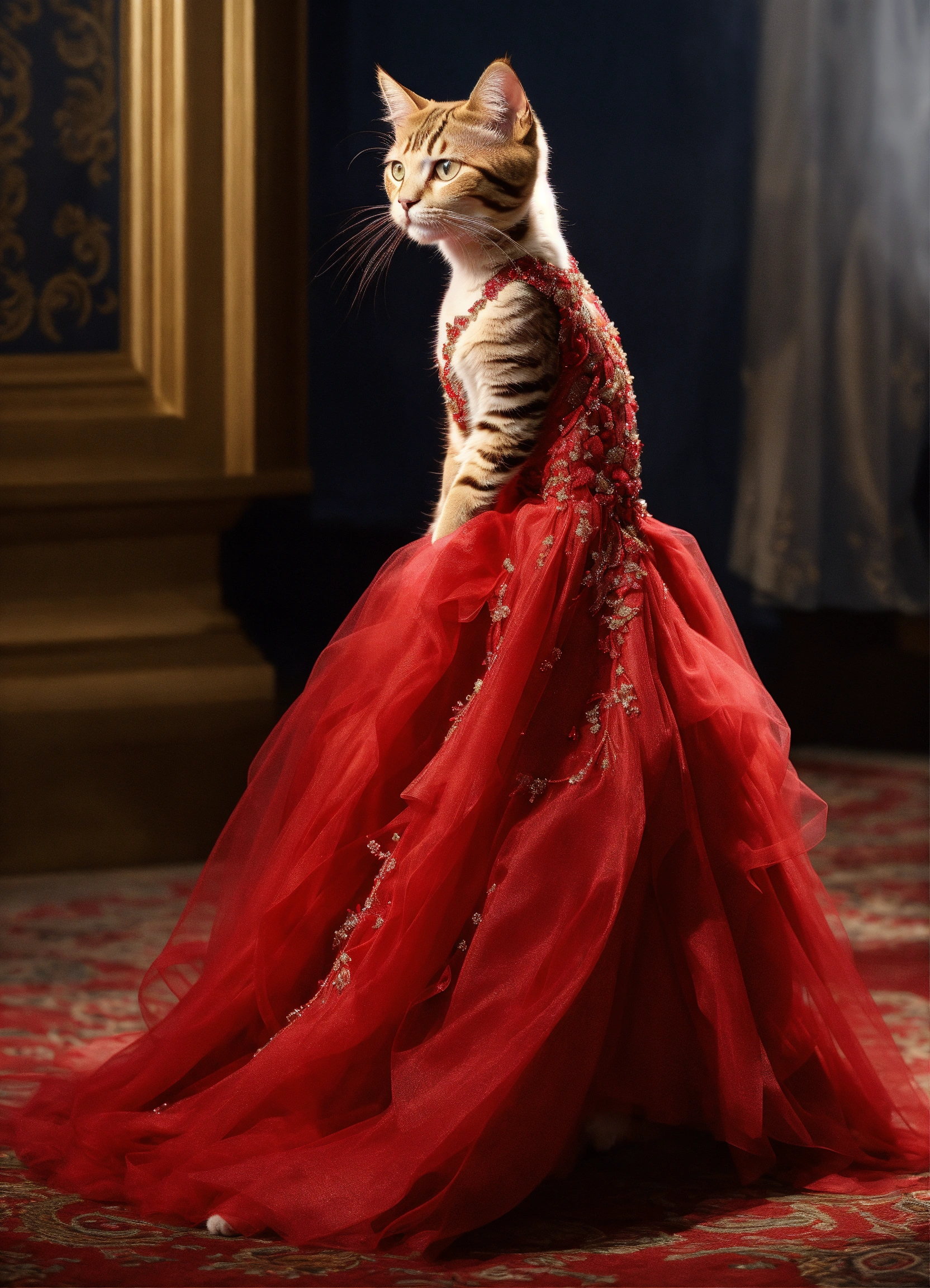 Lexica - A baby cat model walking on two legs, dressed in a glamorous ...