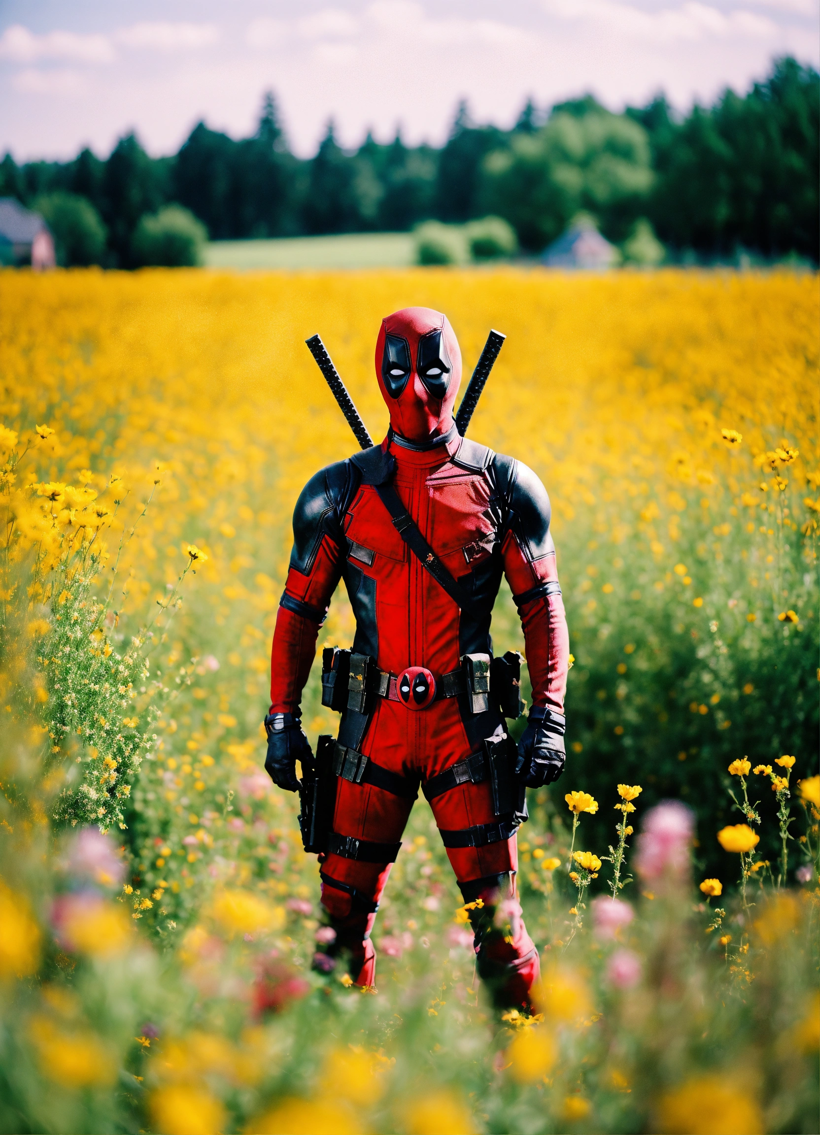 Lexica - Happy Deadpool standing in a beautiful field of flowers ...