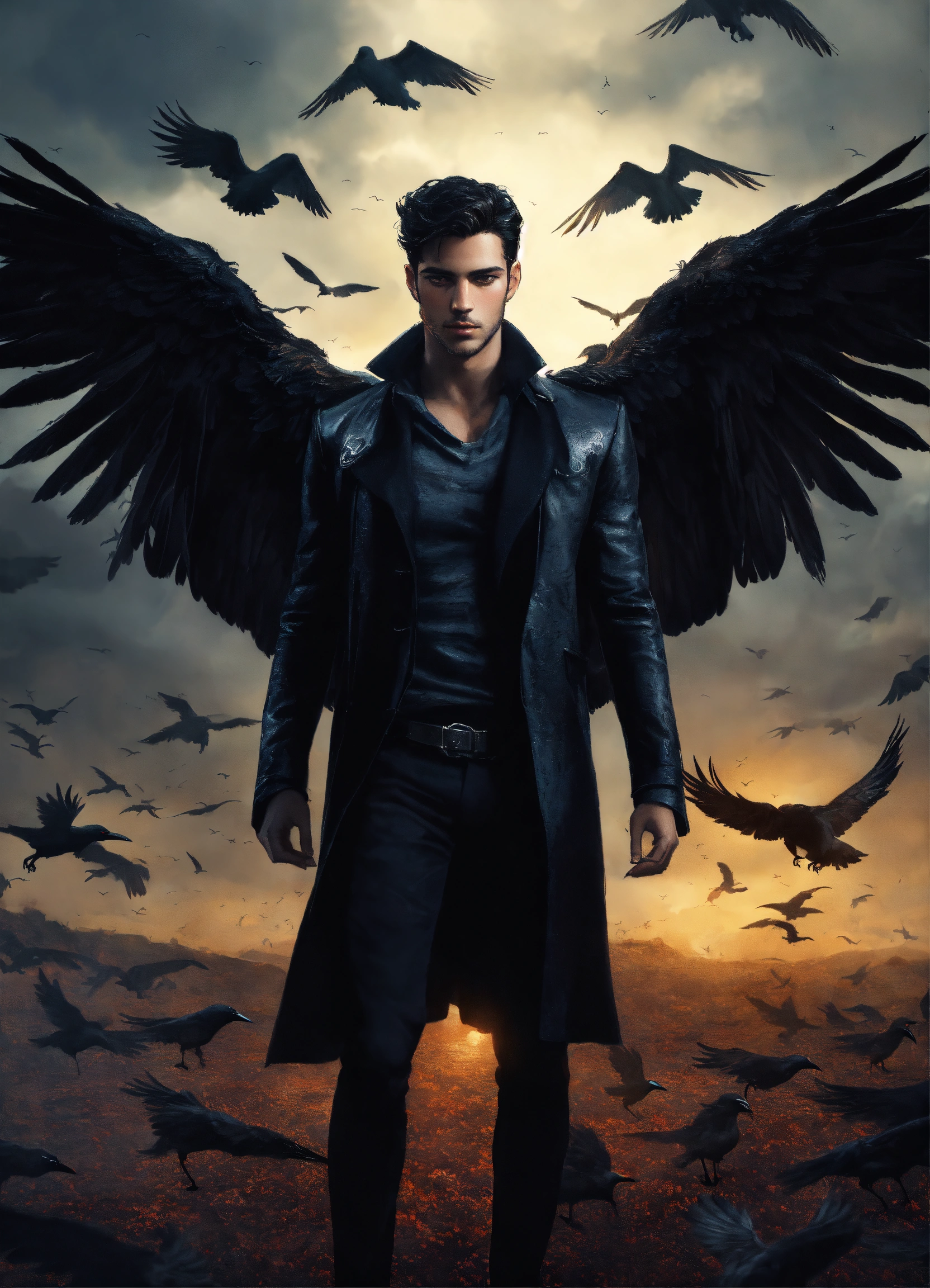 Lexica - Portrait of a handsome young dark-haired man with black wings ...