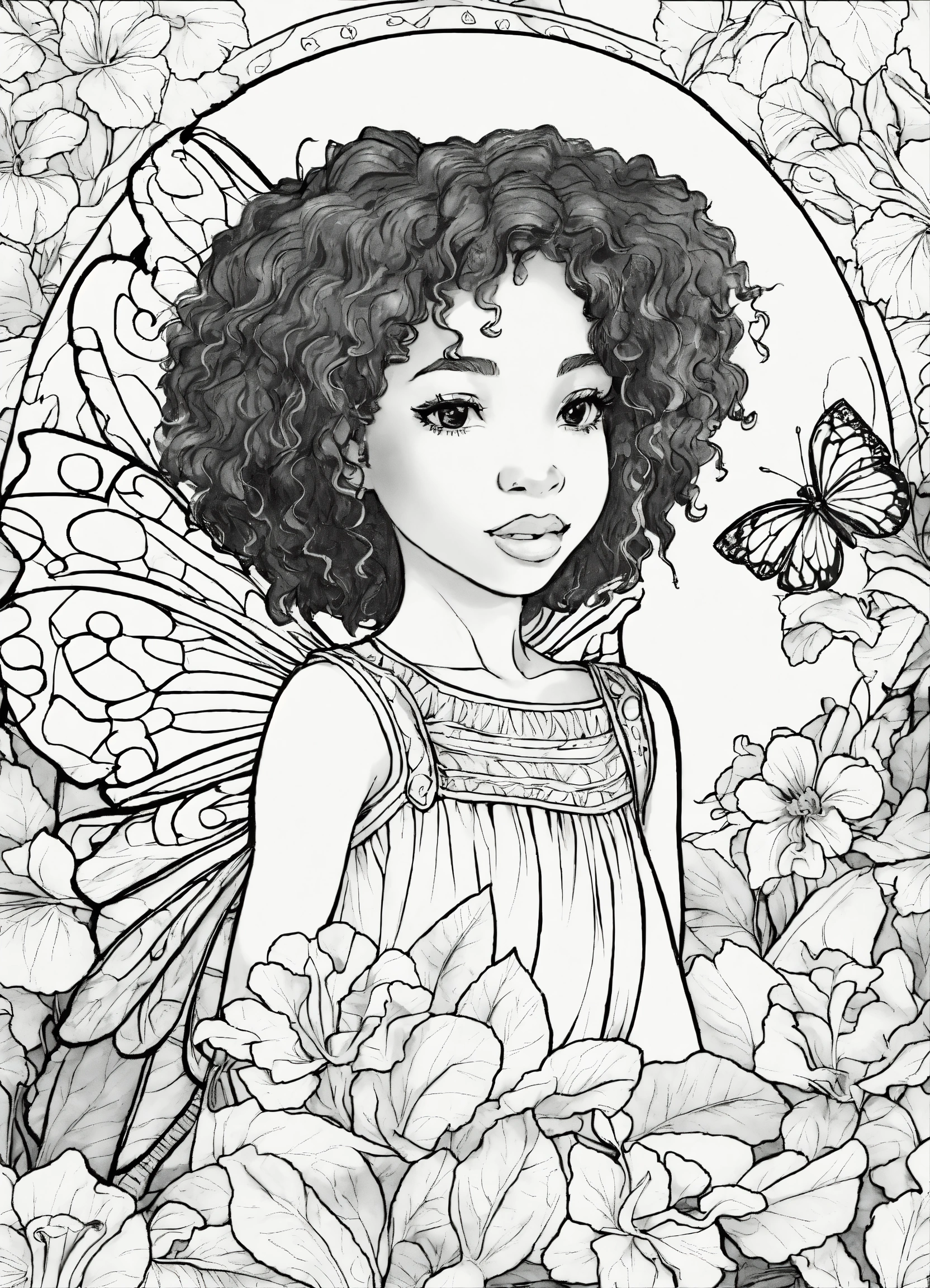 Lexica - Coloring book of a little black girl fairy, mimulus background