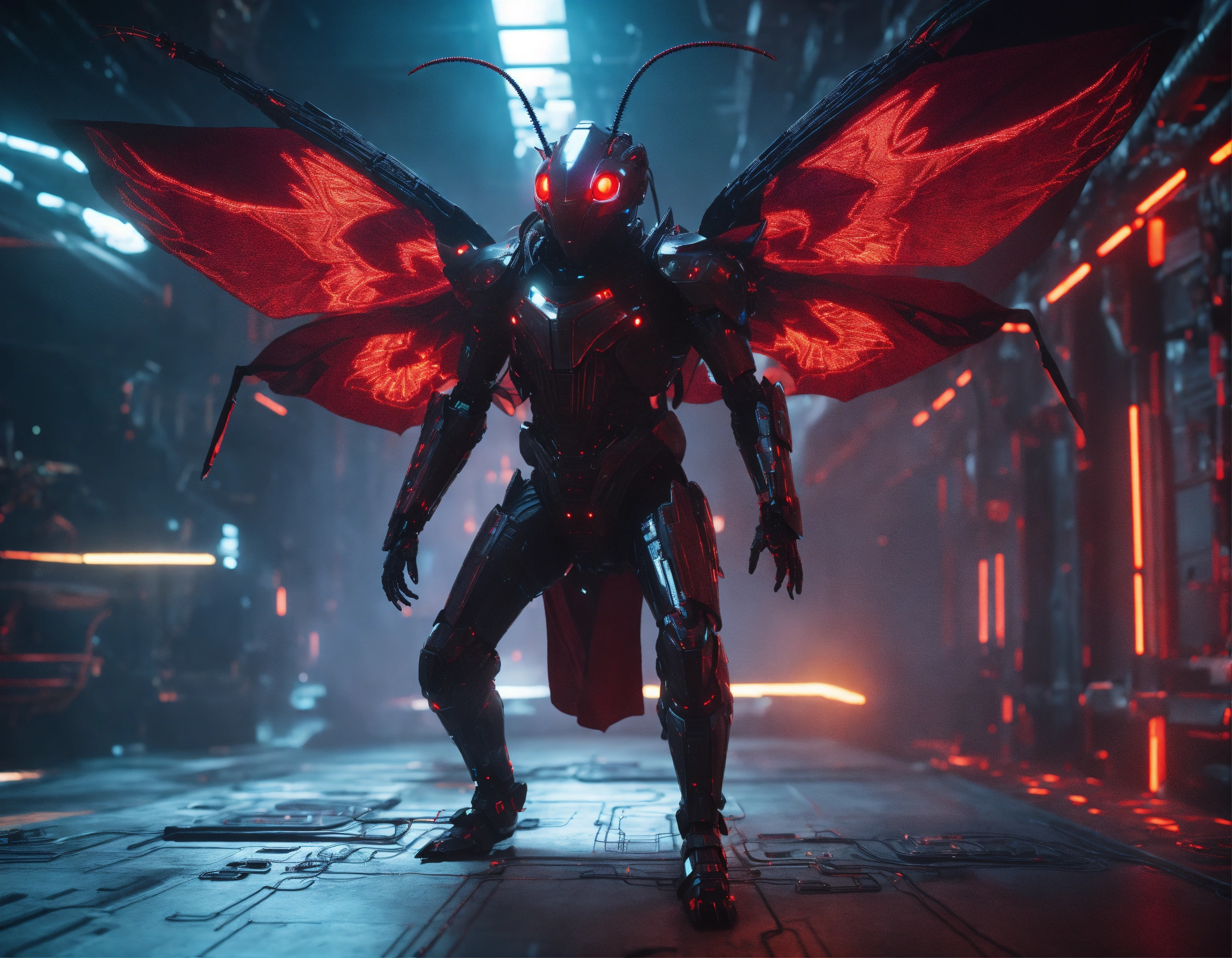 Lexica - Zoom out of black cockroach faced humanoid with red glowing ...