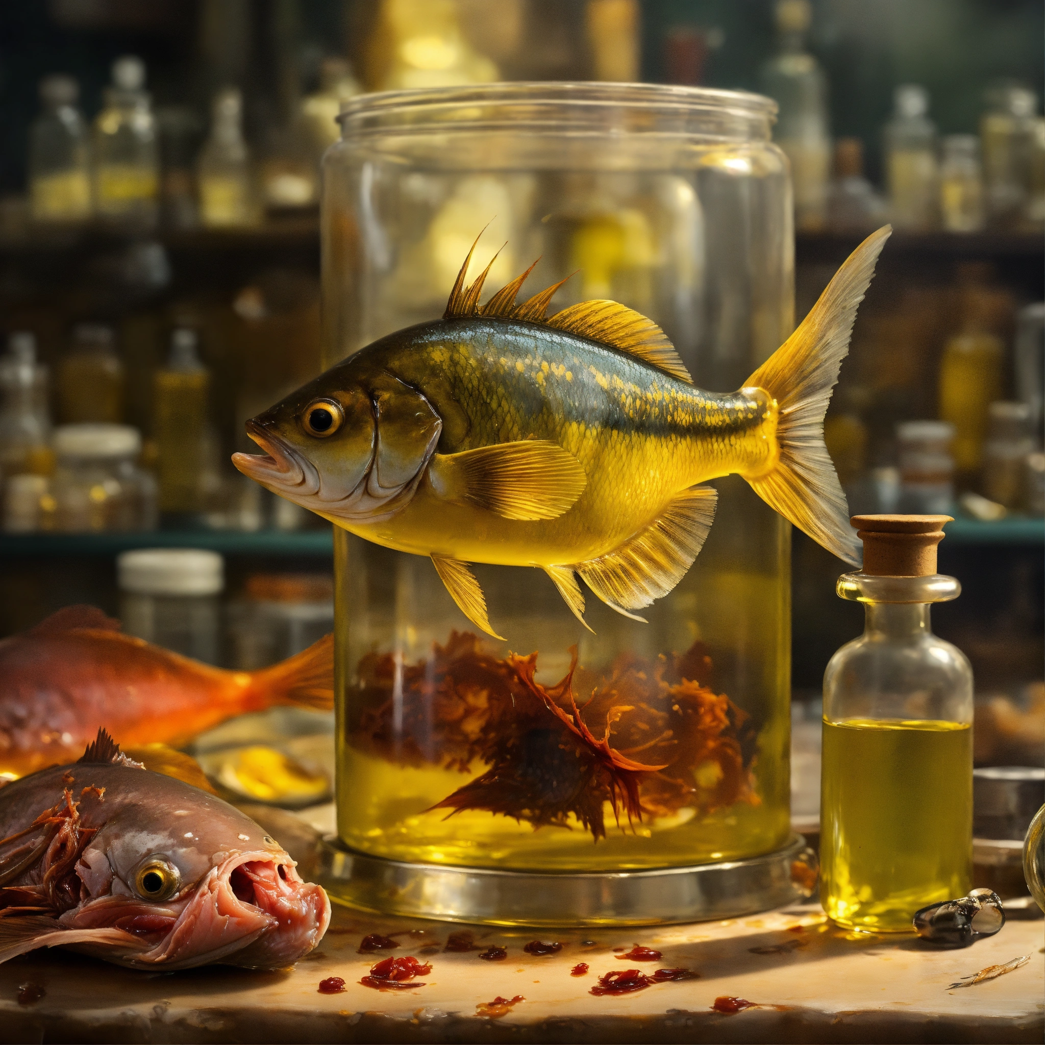 Lexica - Concept art of a vintage glass of dirty yellow oil, fish head ...
