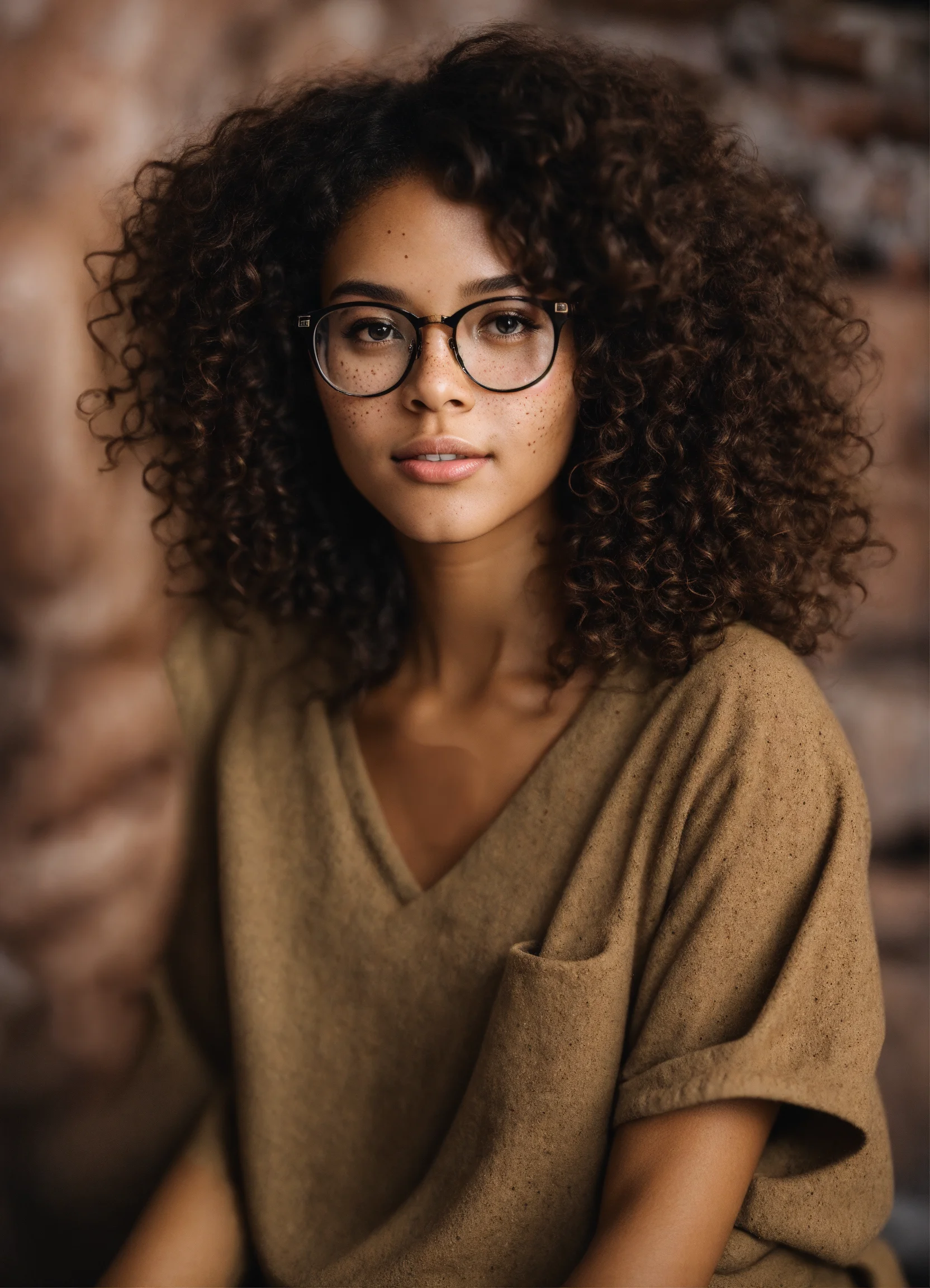 Lexica - Short light skinned black female, long curly with no frizz brown  hair, glasses, freckles, brown eyes, no imperfections