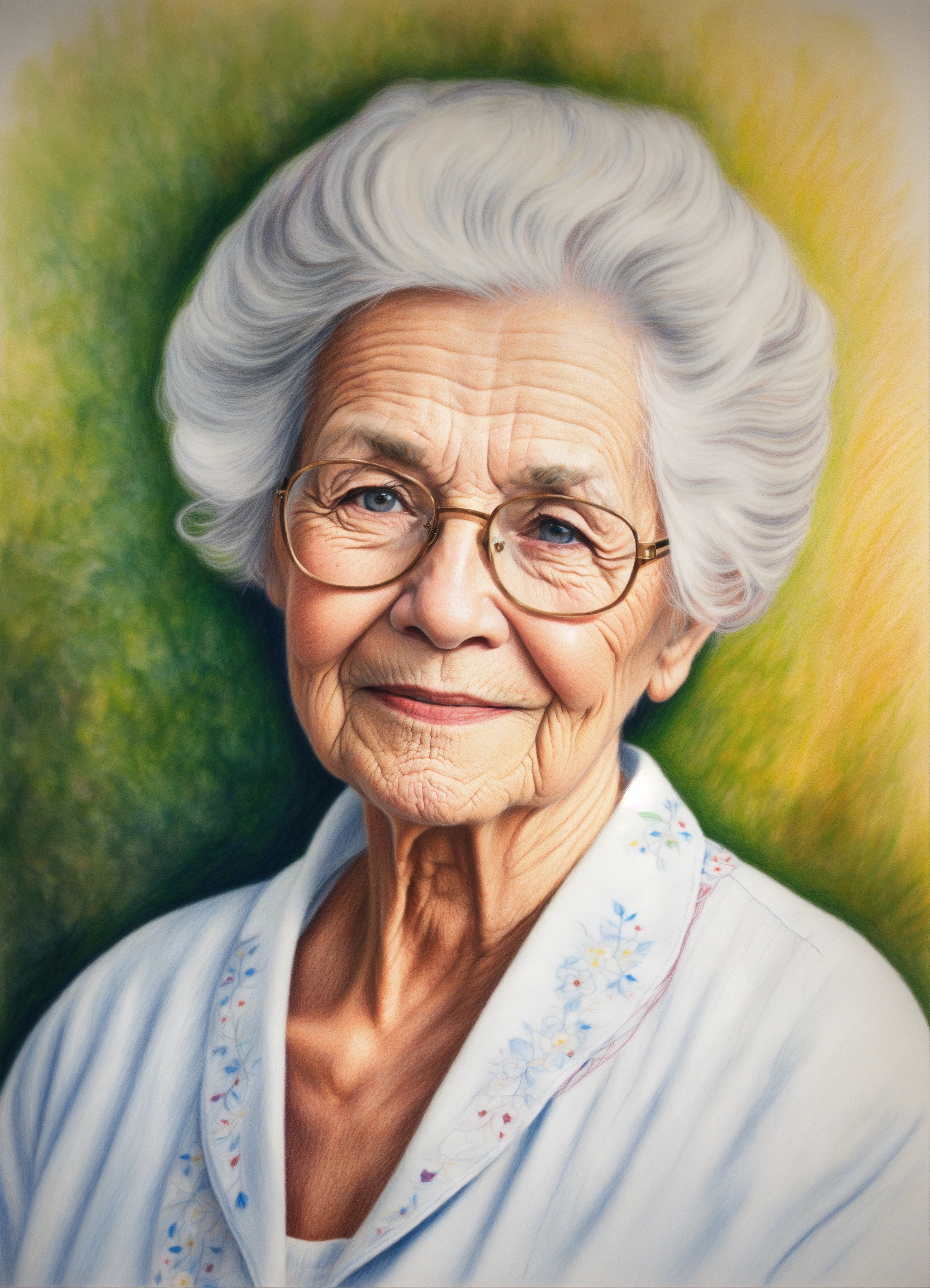 Lexica - Colored pencil drawing of a friendly elderly lady, spiritual ...