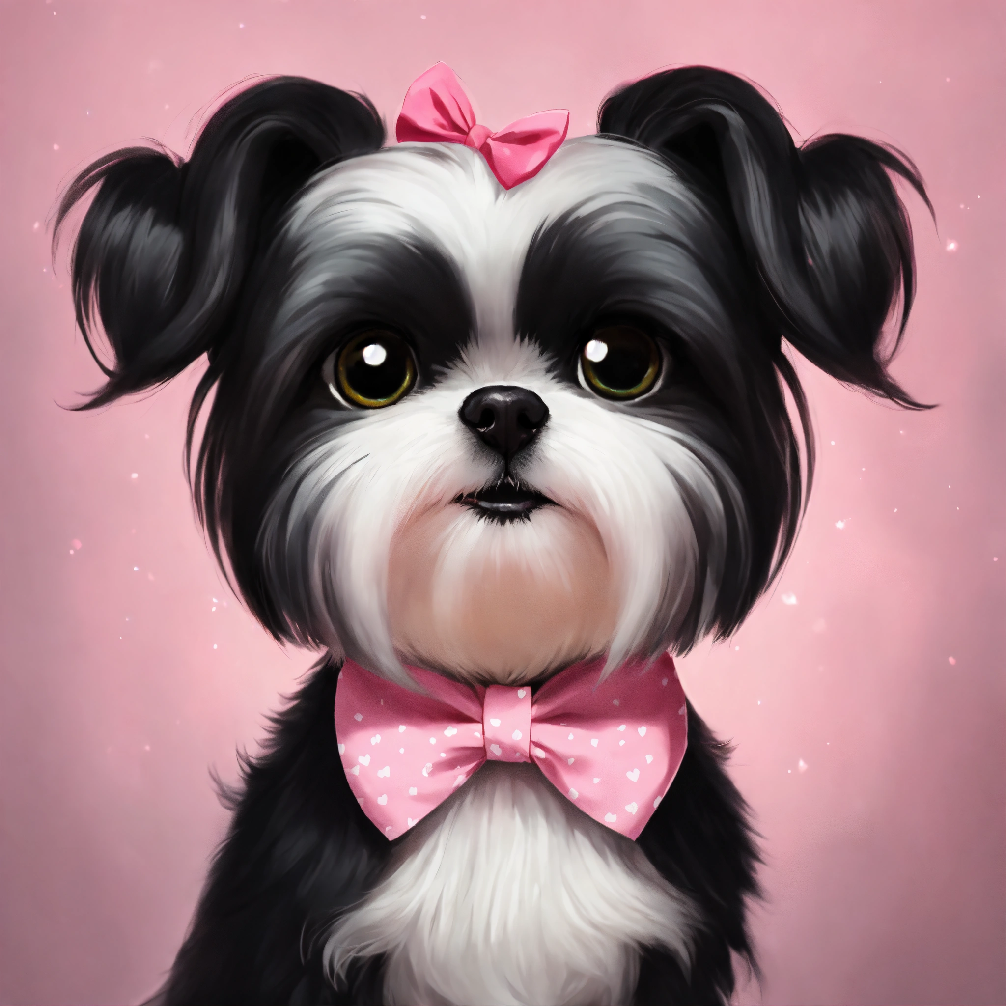 Lexica - Disney Pixar Style black and white female ShiTzu dog with hair in  a top knot tied with pink bow. Super Cute, Big eyes