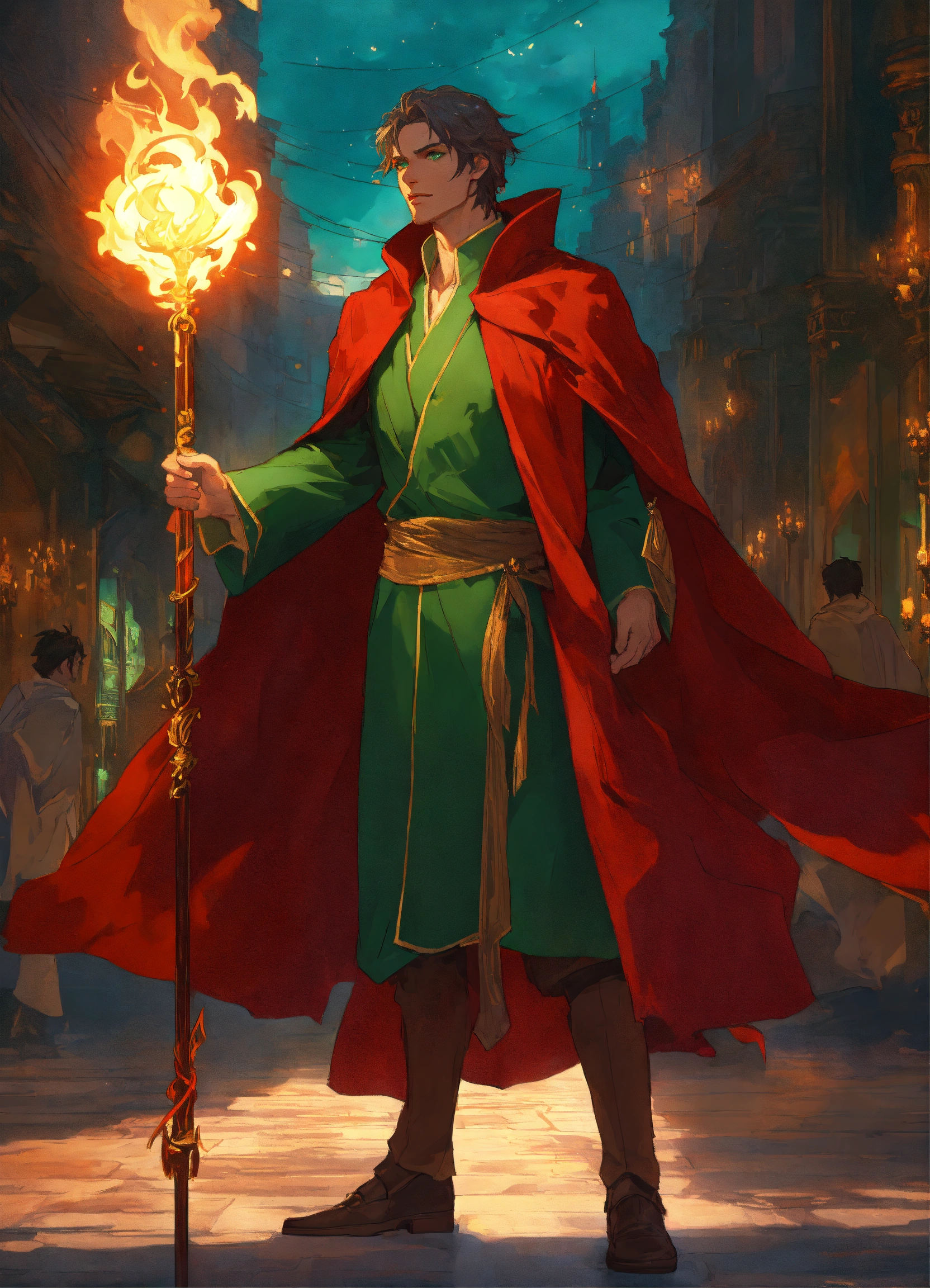 Lexica - Handsome, human, imperial male wizard with glowing fire staff ...