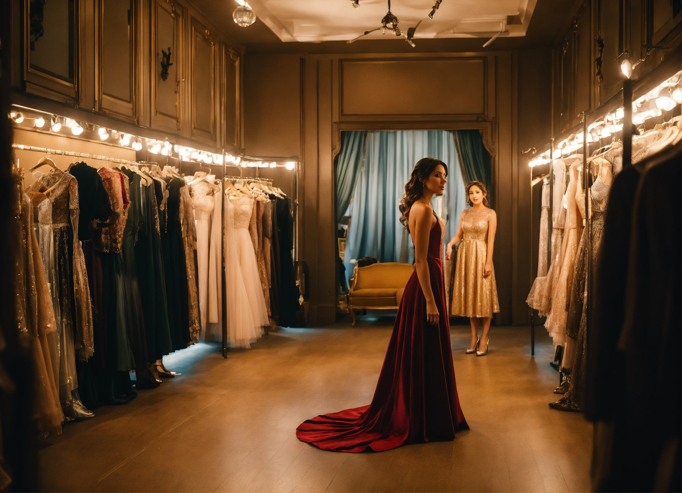 Lexica - A designer chooses a dress in the large dressing room of the ...