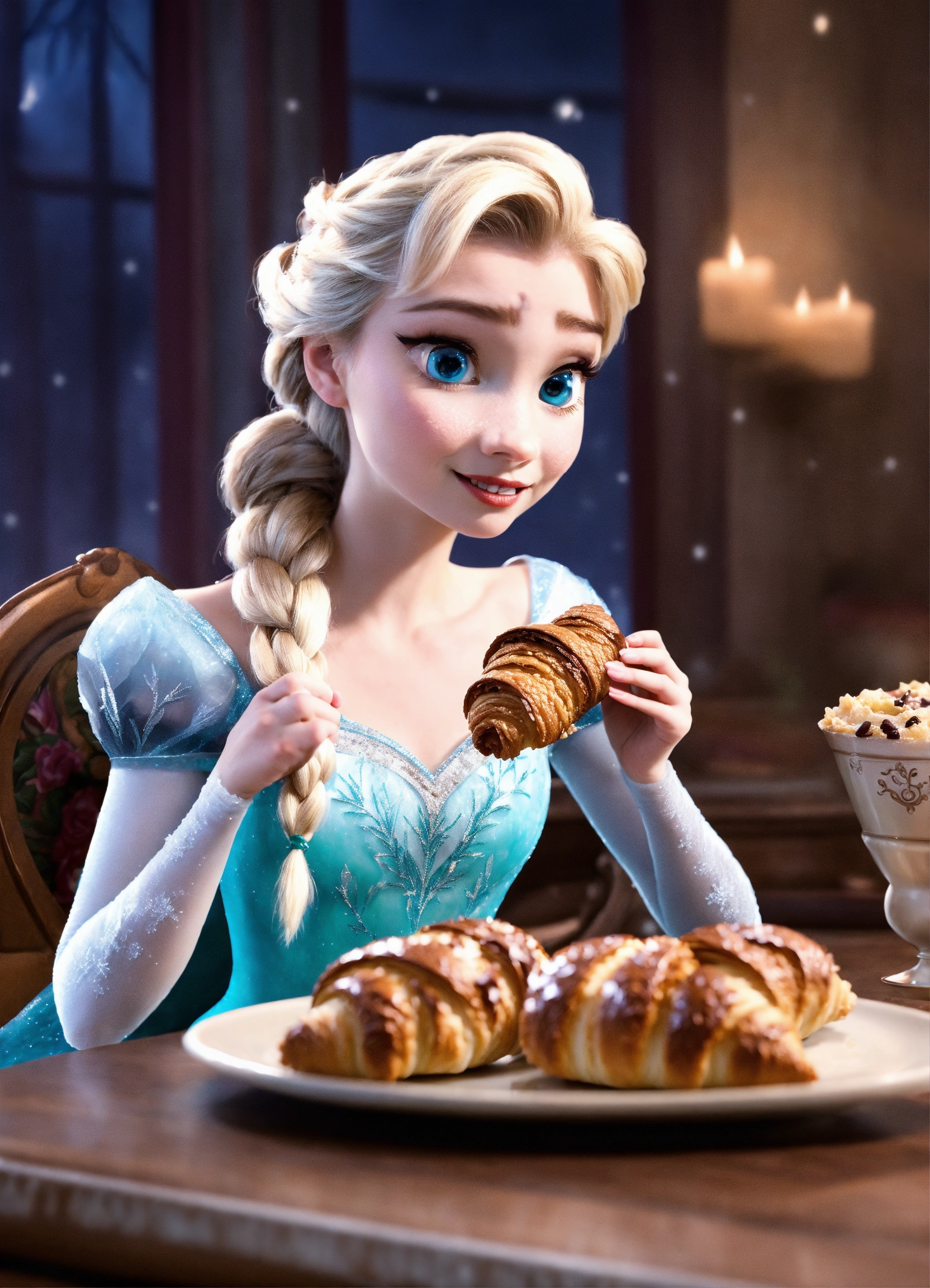 Lexica - Elsa eating a chocolate croissant from the disney movie frozen