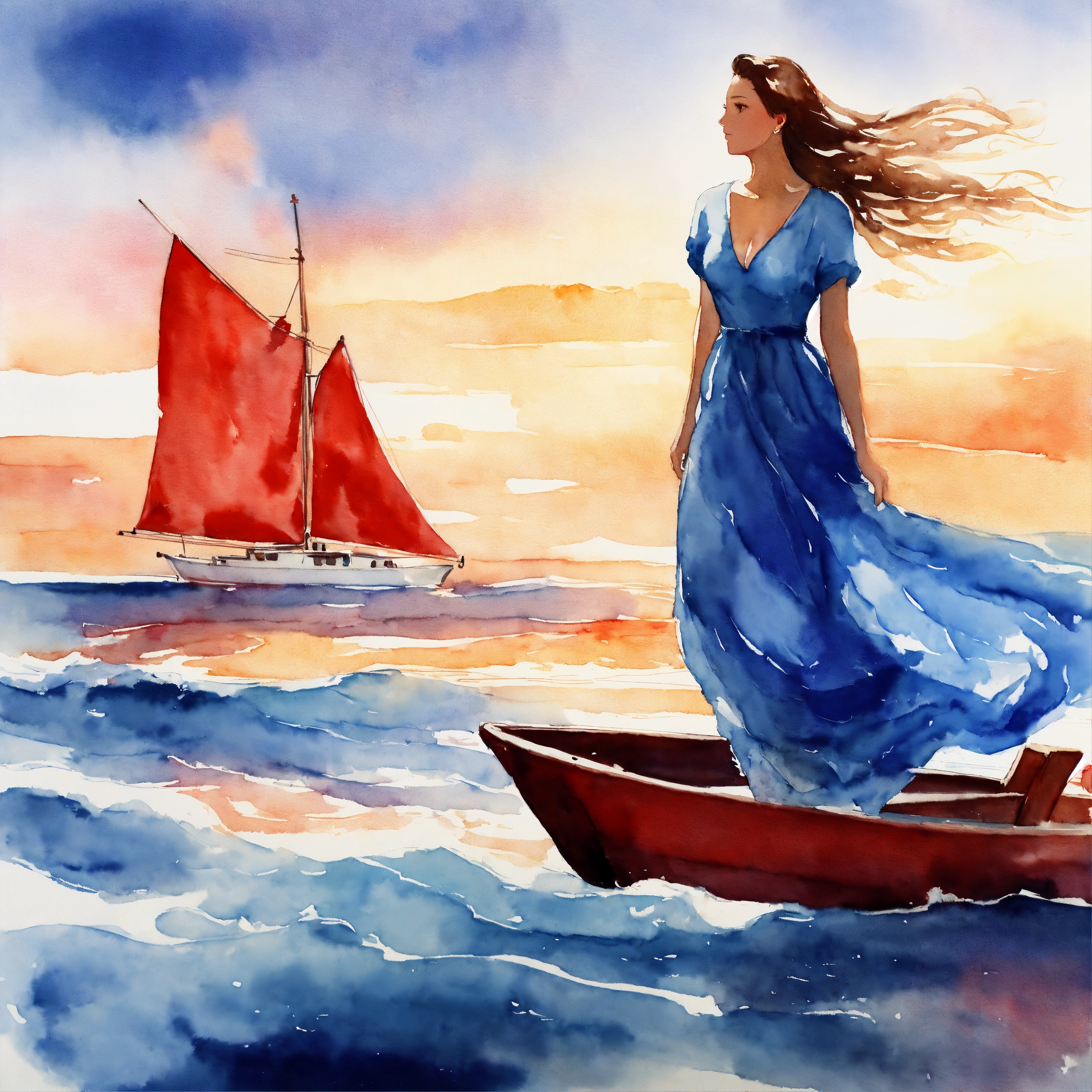 Lexica - Watercolor picture of a woman in long romantic blue dress ...
