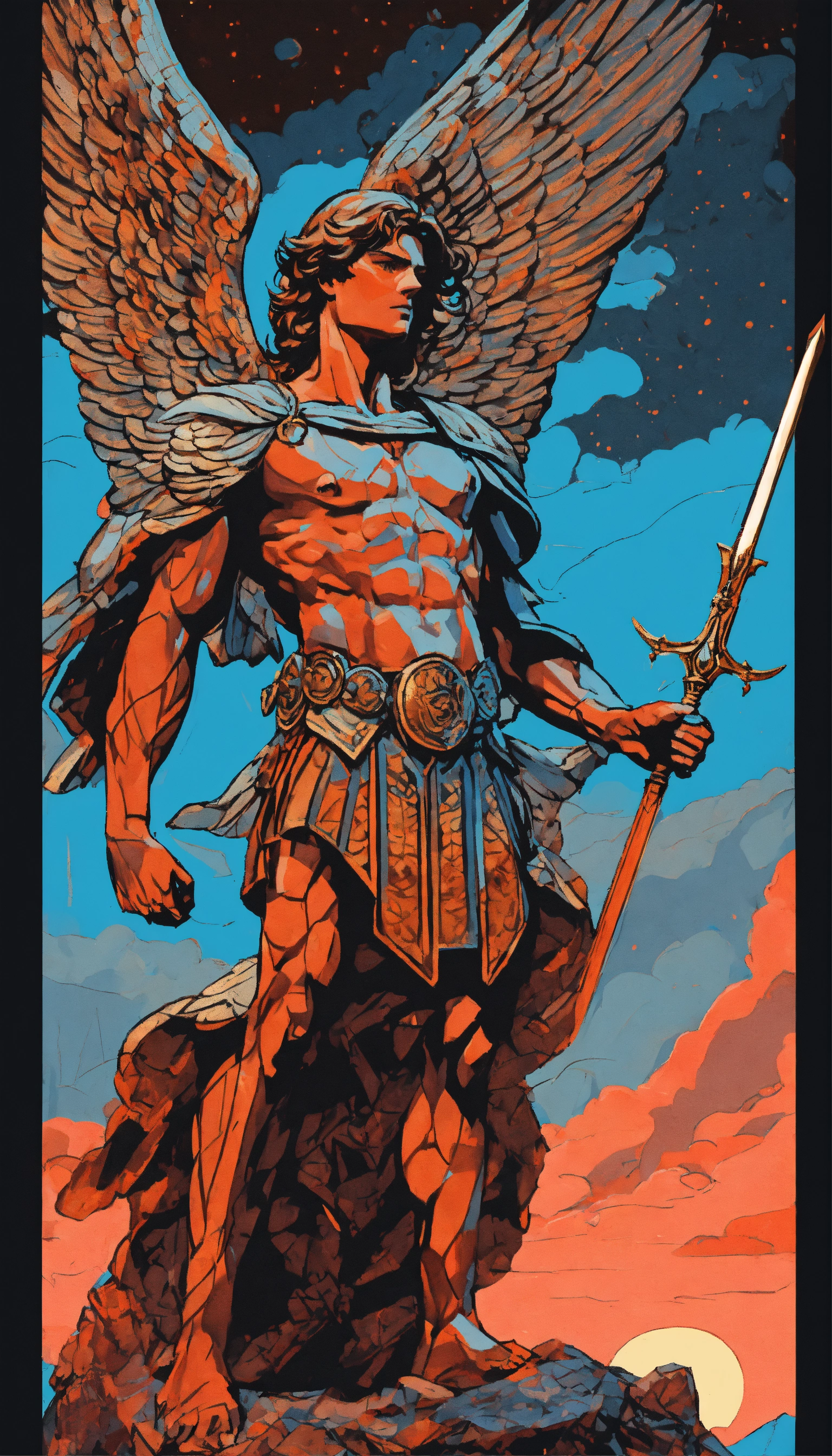 Lexica - Drawing of an angel figure with muscles, wide wings, sword in ...
